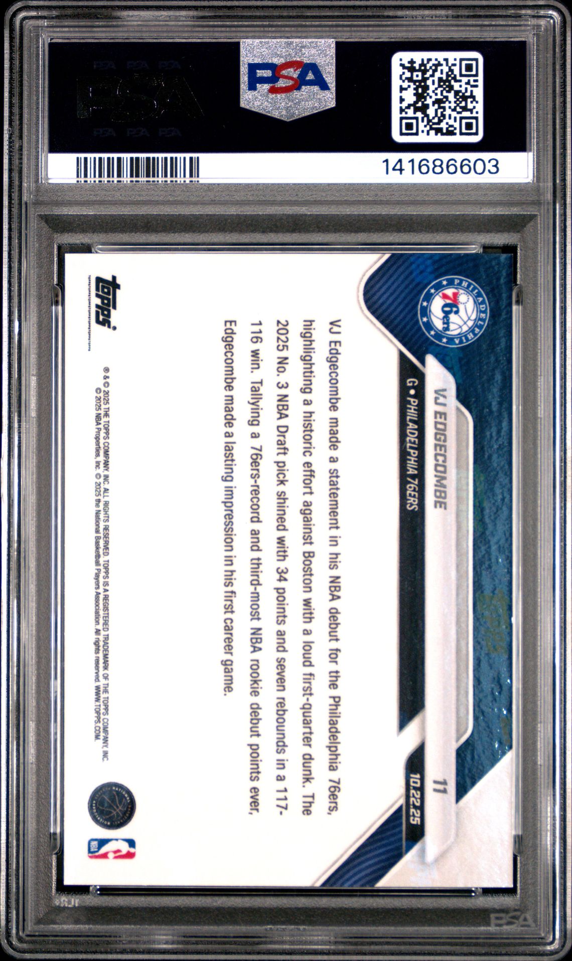 2025 Topps Now Vj Edgecombe #11 Gem Mt 10 back