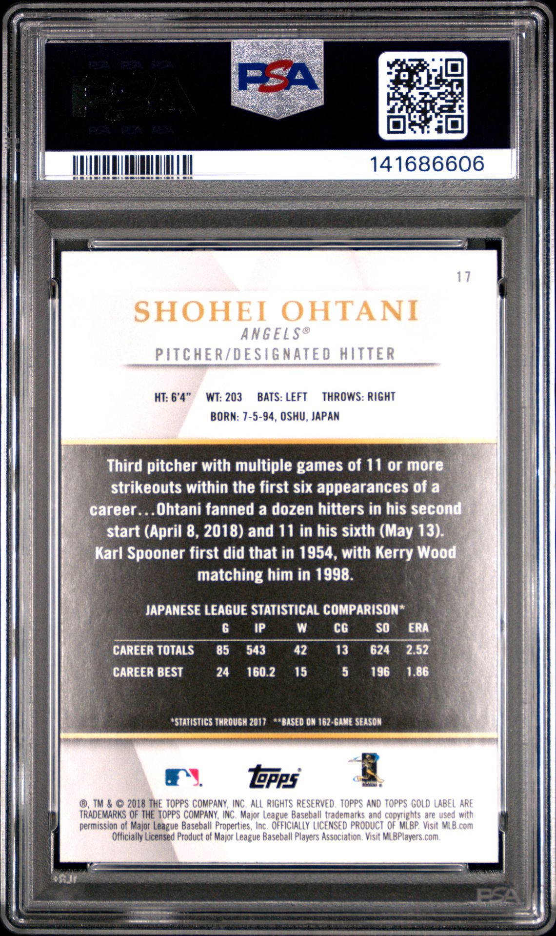 2018 Topps Gold Label Shohei Ohtani #17 (Class 1) Nm-Mt 8 back