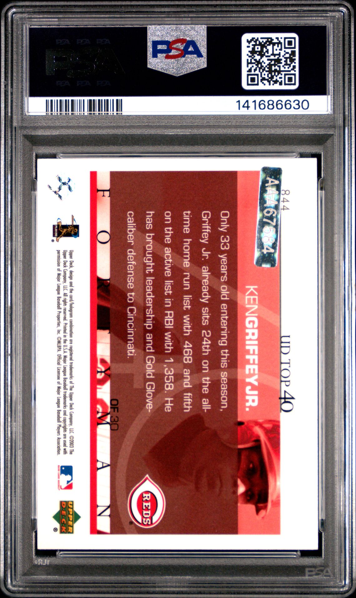 2004 Sp Authentic Buybacks Autographs Ken Griffey Jr. #844 ('03 Ud 40 Man-Autograph) Gem Mt 10 back