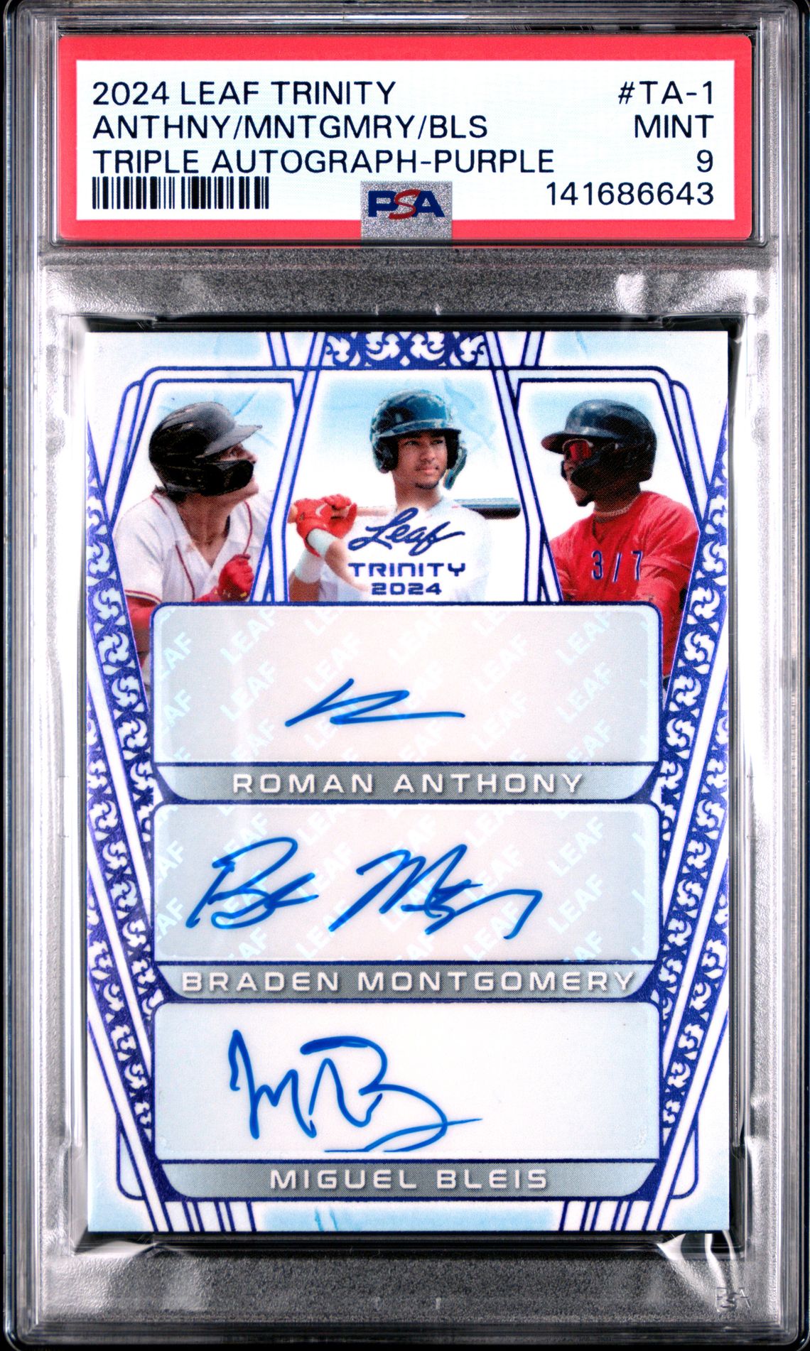 2024 Leaf Trinity Triple Autographs Anthny/Mntgmry/Bls #Ta-1 (Triple Autograph-Purple) Mint 9 front