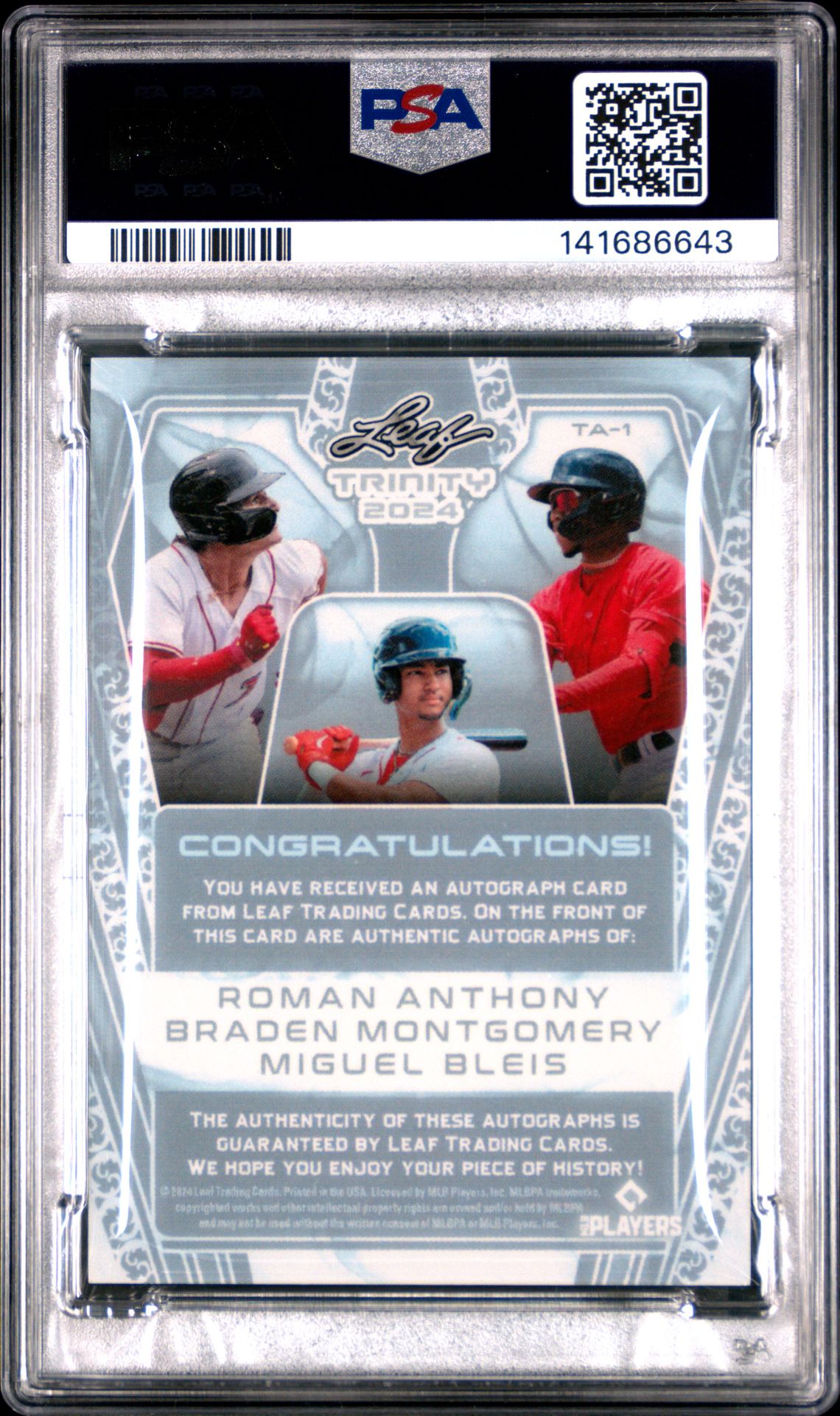 2024 Leaf Trinity Triple Autographs Anthny/Mntgmry/Bls #Ta-1 (Triple Autograph-Purple) Mint 9 back