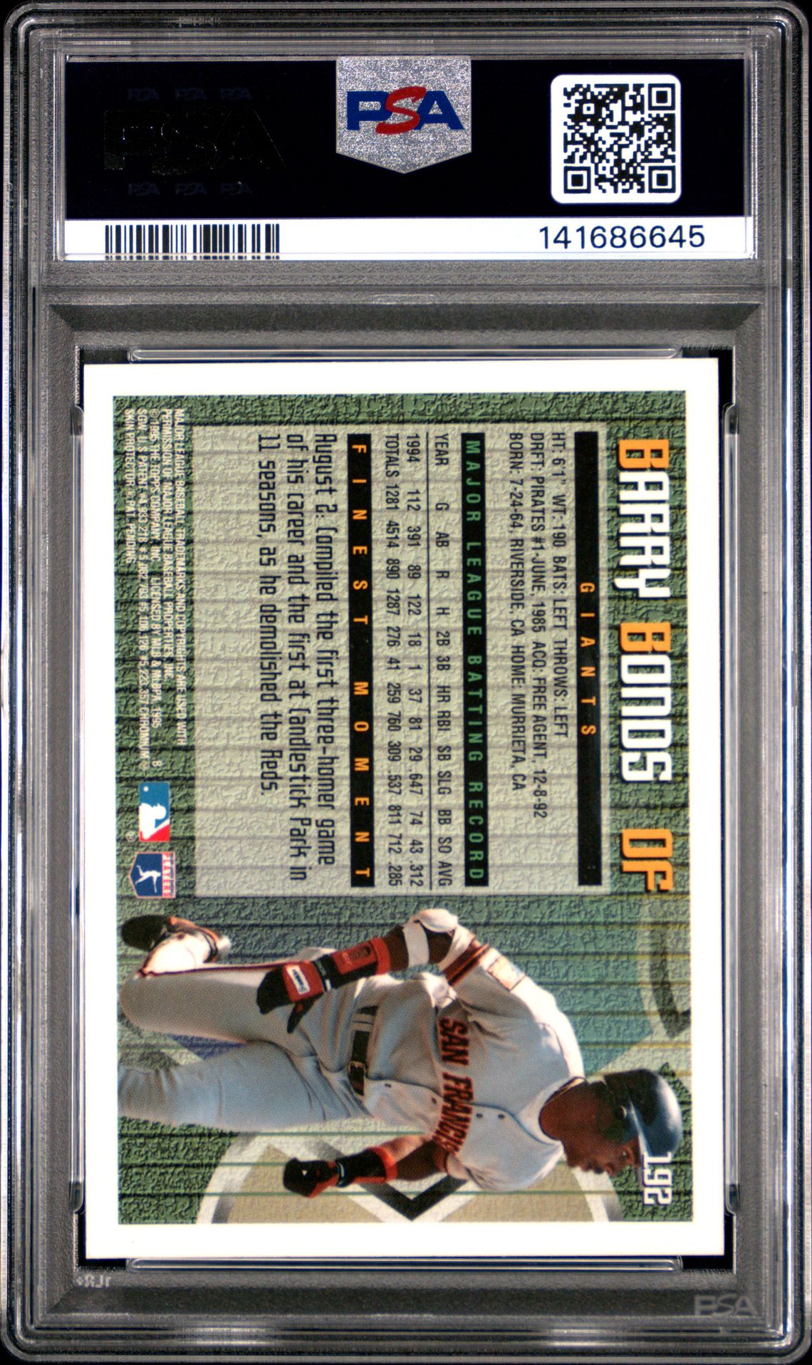 1995 Finest Barry Bonds #192 (W/Coating) Nm 7 back