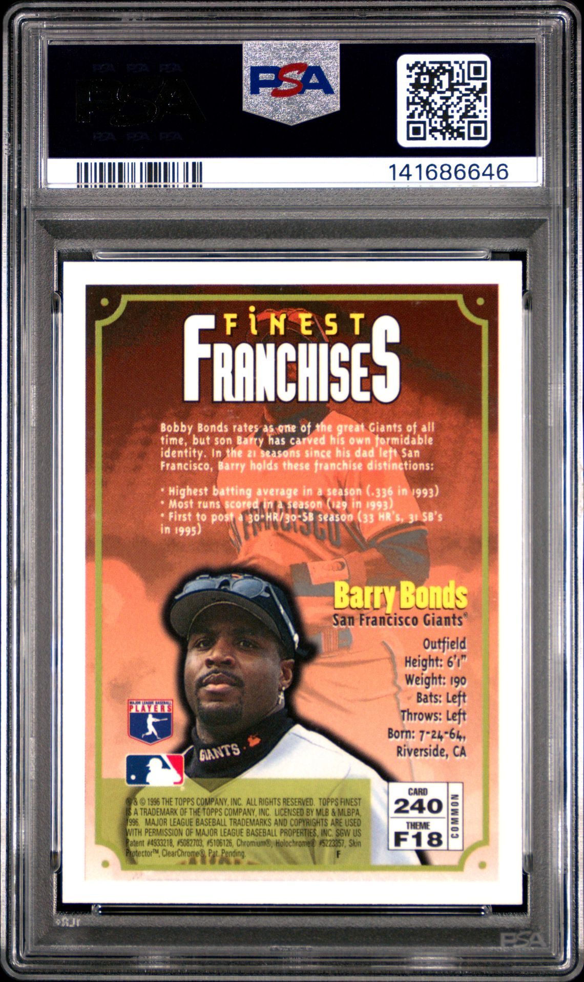 1996 Finest Barry Bonds #240 (W/Coating) Mint 9 back