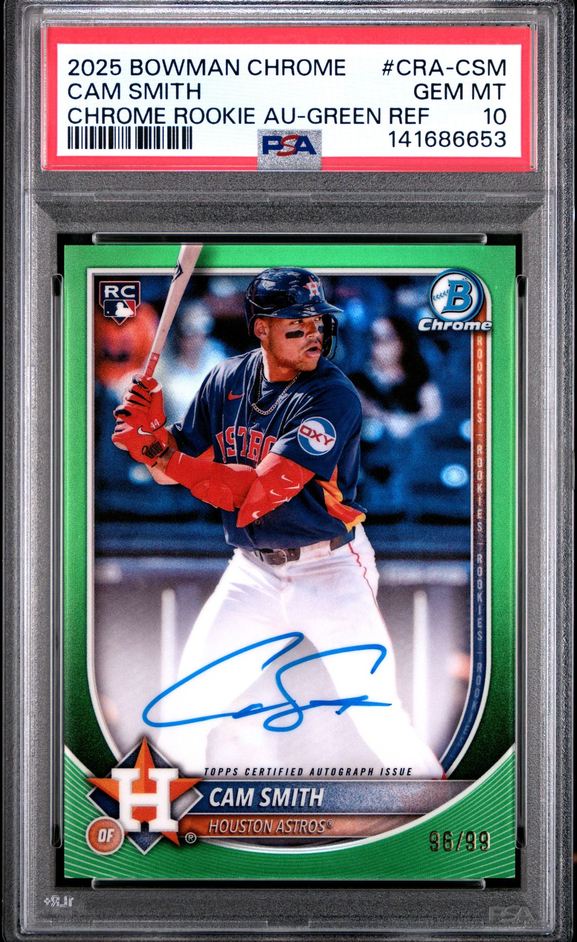 2025 Bowman Chrome Chrome Rookie Autographs Cam Smith #Cra-Csm (Chrome Rookie Au-Green Ref) Gem Mt 10 front