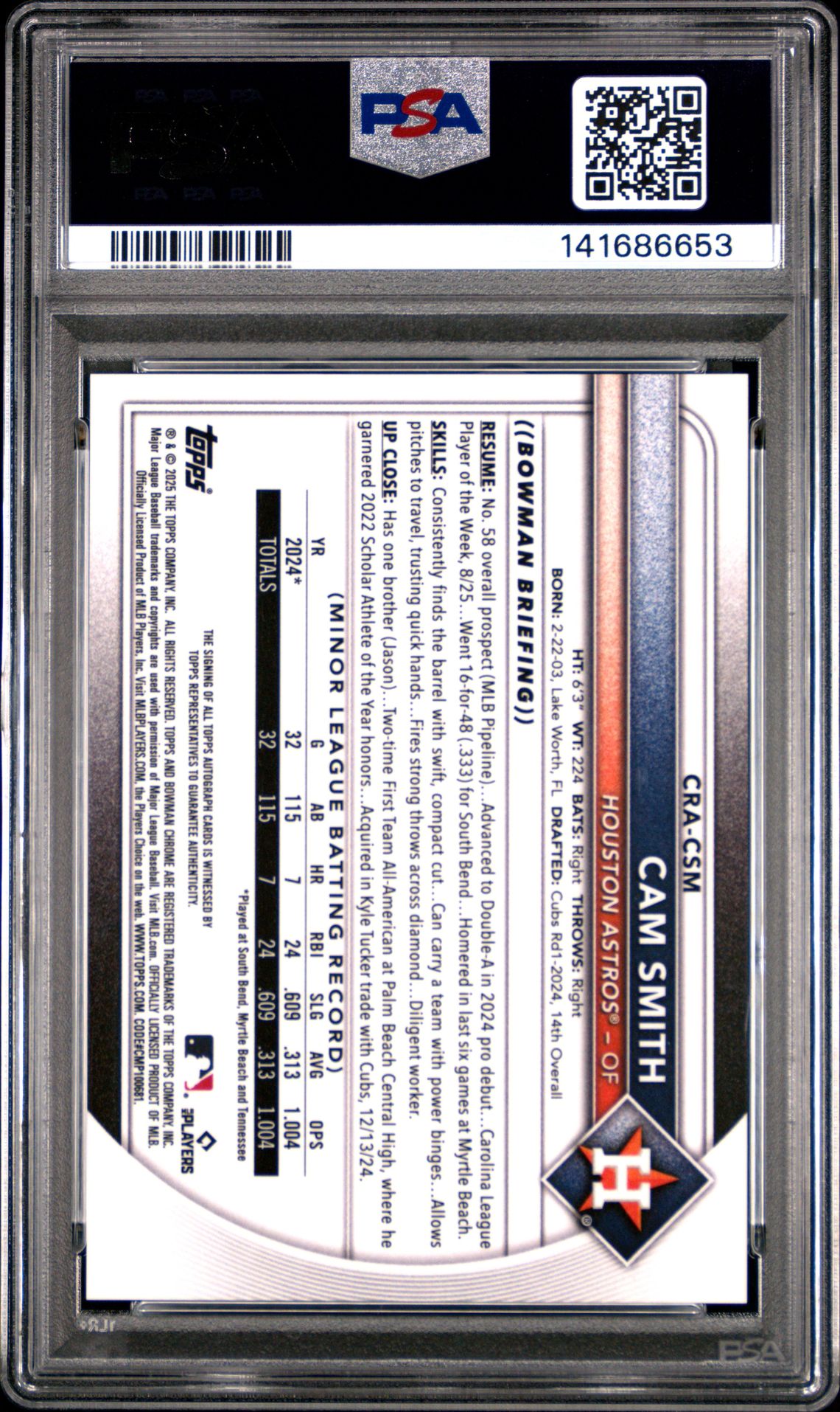 2025 Bowman Chrome Chrome Rookie Autographs Cam Smith #Cra-Csm (Chrome Rookie Au-Green Ref) Gem Mt 10 back