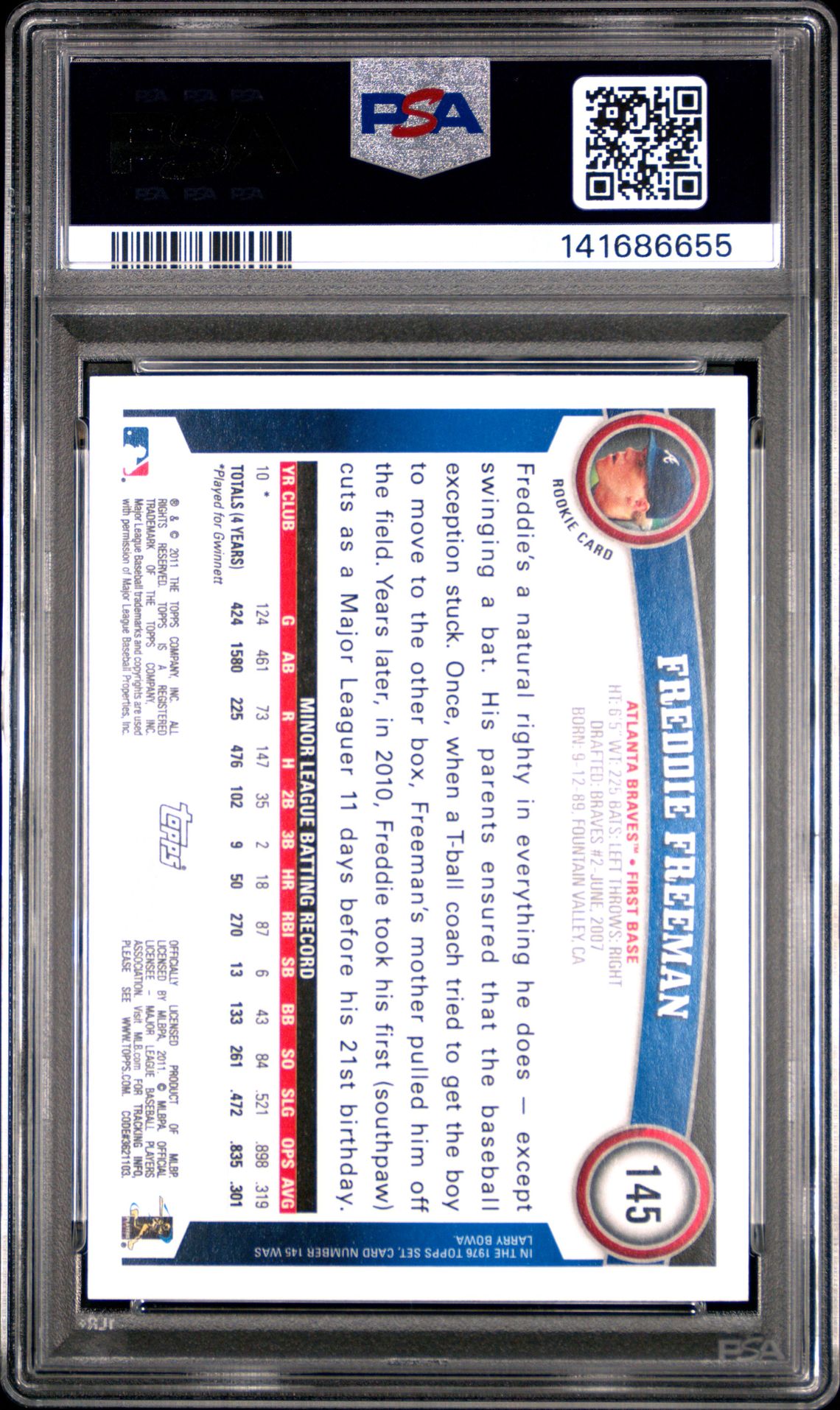 2011 Topps Freddie Freeman #145 Gem Mt 10 back