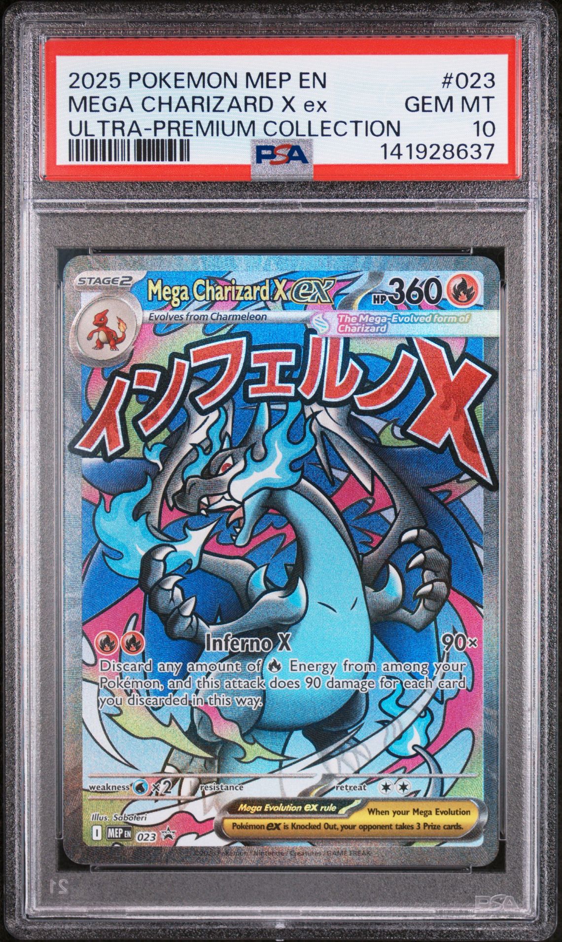 2025 Pokemon Mep En-Me Black Star Promo Mega Charizard X Ex #023 (Ultra-Premium Collection) Gem Mt 10 front view - PSA graded GEM MT 10