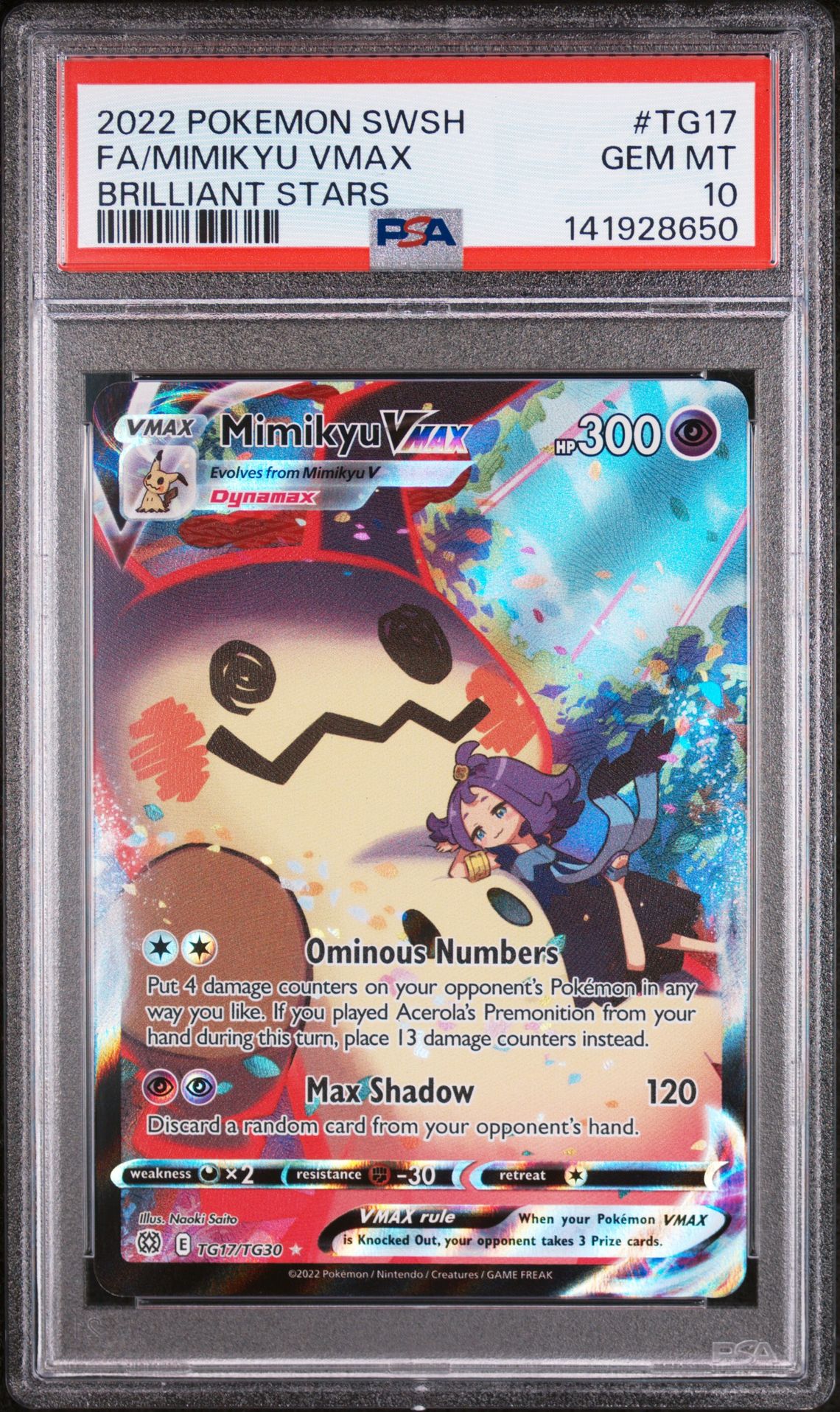 2022 Pokemon Sword & Shield Brilliant Stars Fa/Mimikyu Vmax #Tg17 (Brilliant Stars) Gem Mt 10 front view - PSA graded GEM MT 10