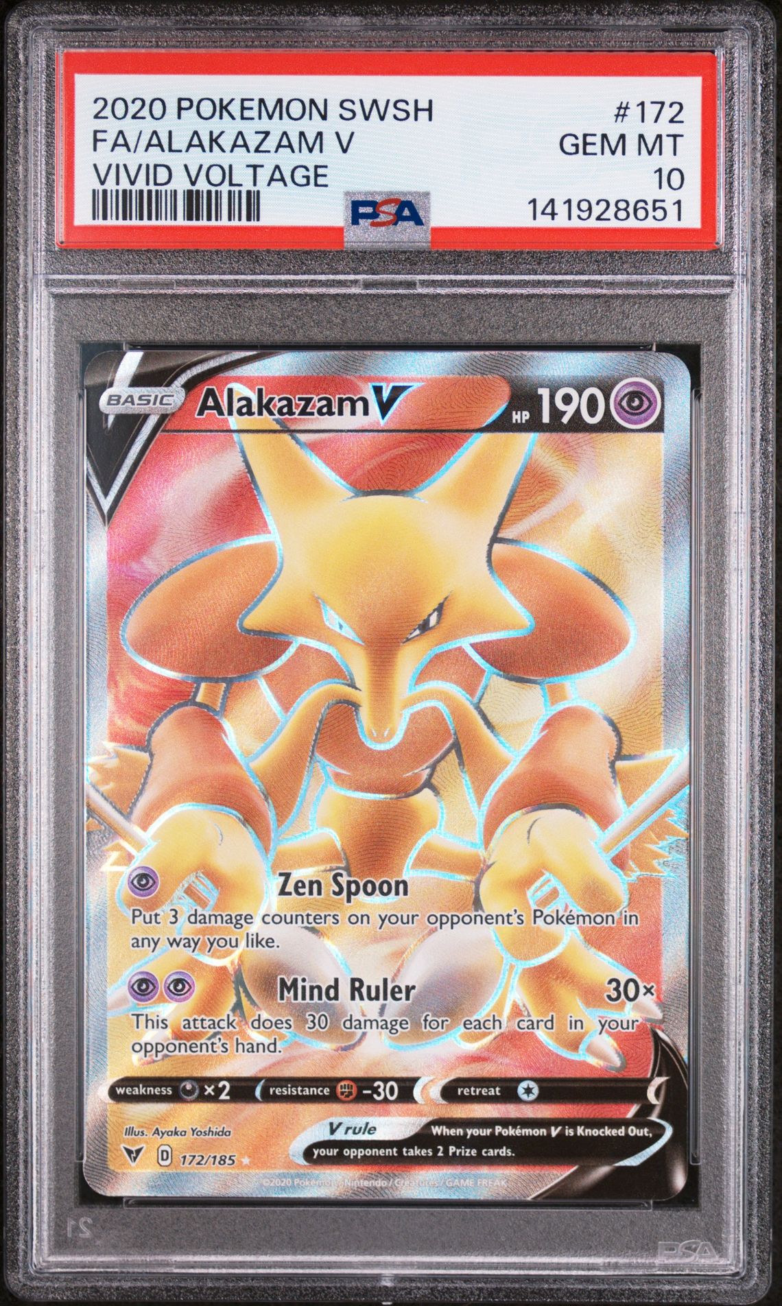 2020 Pokemon Sword & Shield Vivid Voltage Fa/Alakazam V #172 (Vivid Voltage) Gem Mt 10 front view - PSA graded GEM MT 10