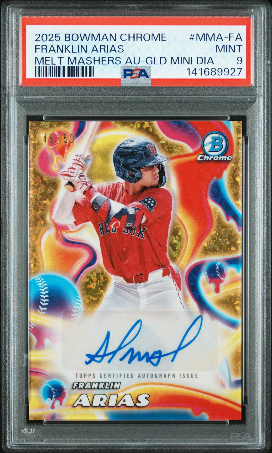 2025 Bowman Chrome Melt Mashers Autographs Franklin Arias #Mma-Fa (Melt Mashers Au-Gld Mini Dia) Mint 9 front