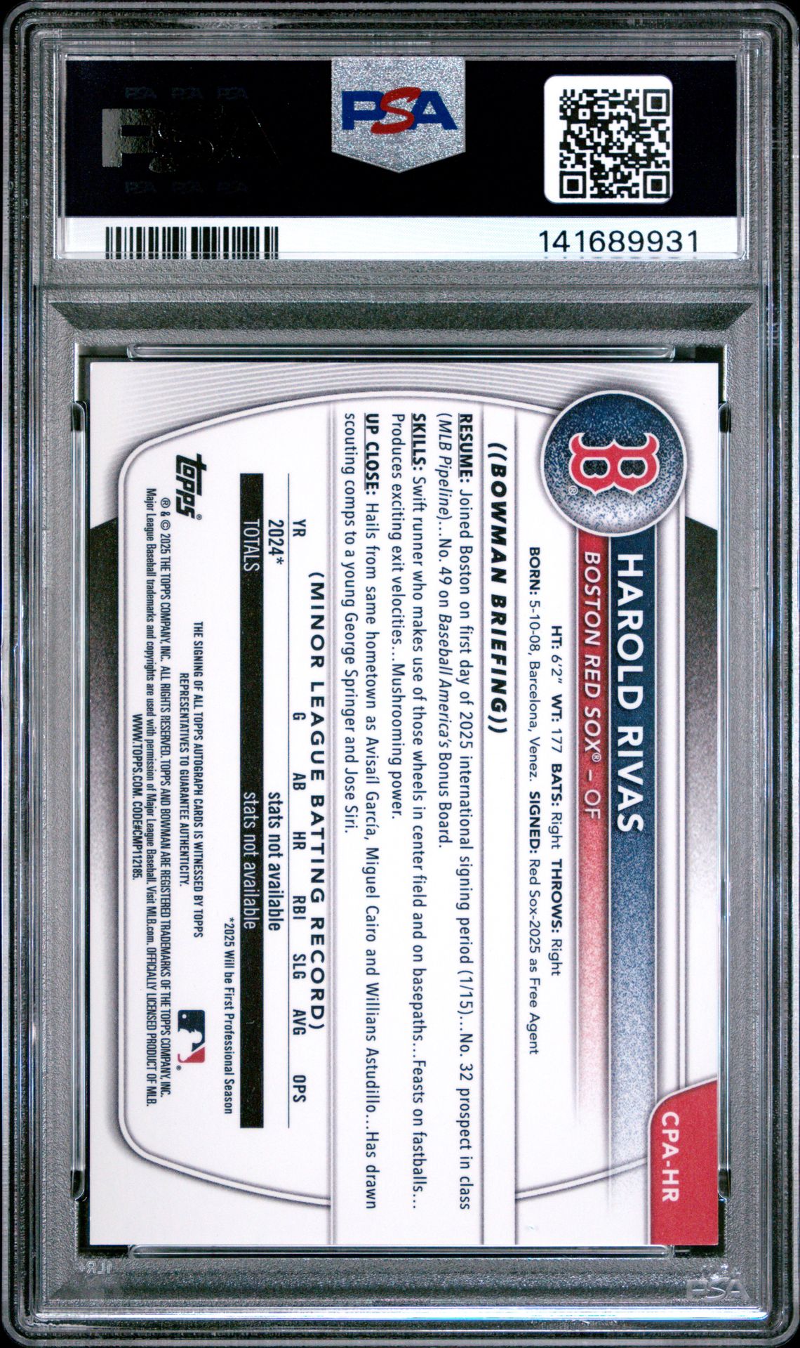 2025 Bowman Chrome Prospect Autographs Harold Rivas #Cpahr (Chr Pros Auto-Yellow Ref) Nm 7 back