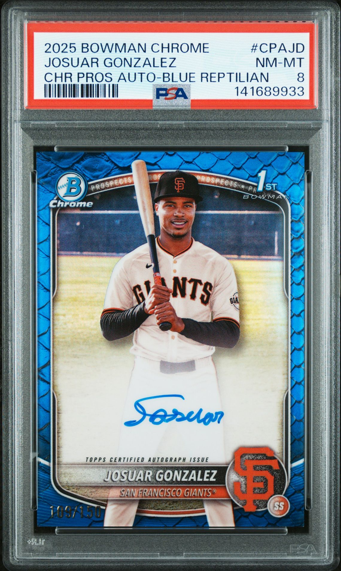 2025 Bowman Chrome Prospect Autographs Josuar Gonzalez #Cpajd (Chr Pros Auto-Blue Reptilian) Nm-Mt 8 front
