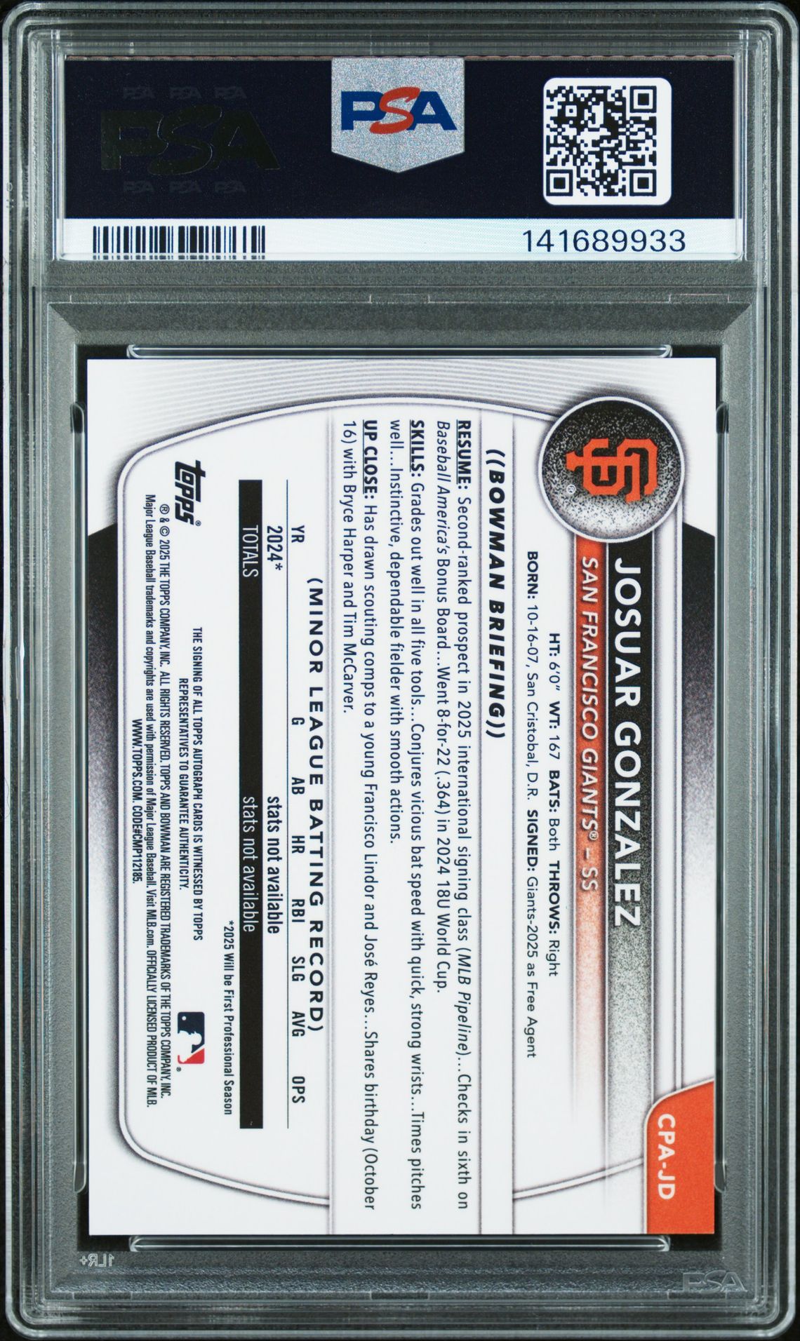 2025 Bowman Chrome Prospect Autographs Josuar Gonzalez #Cpajd (Chr Pros Auto-Blue Reptilian) Nm-Mt 8 back