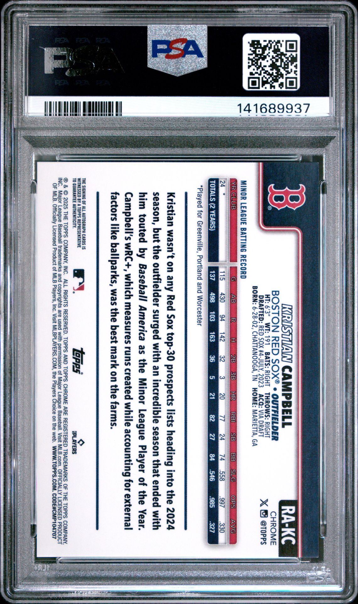 2025 Topps Chrome Rookie Autographs Kristian Campbell #Rakc Mint 9 back