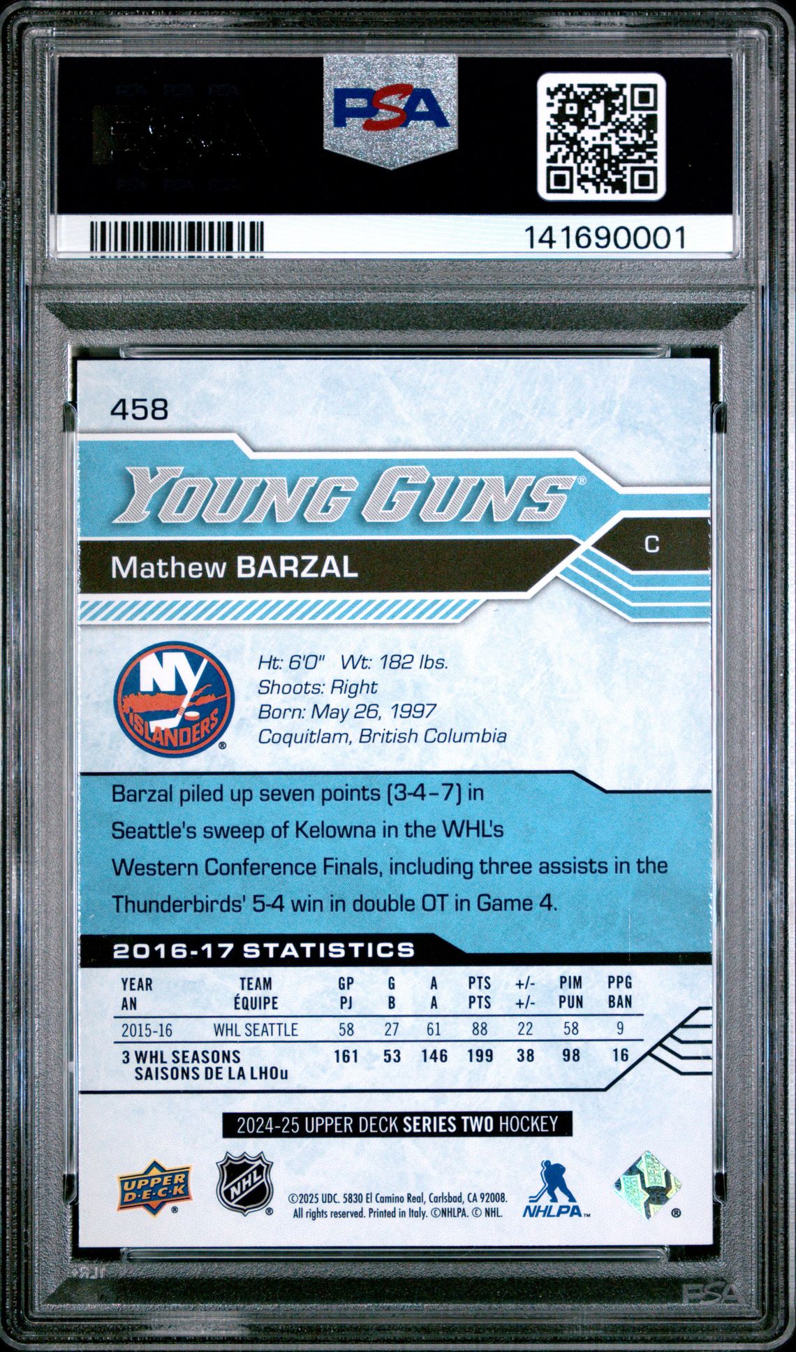 2024 Upper Deck Young Guns Renewed Mathew Barzal #458 Mint 9 back