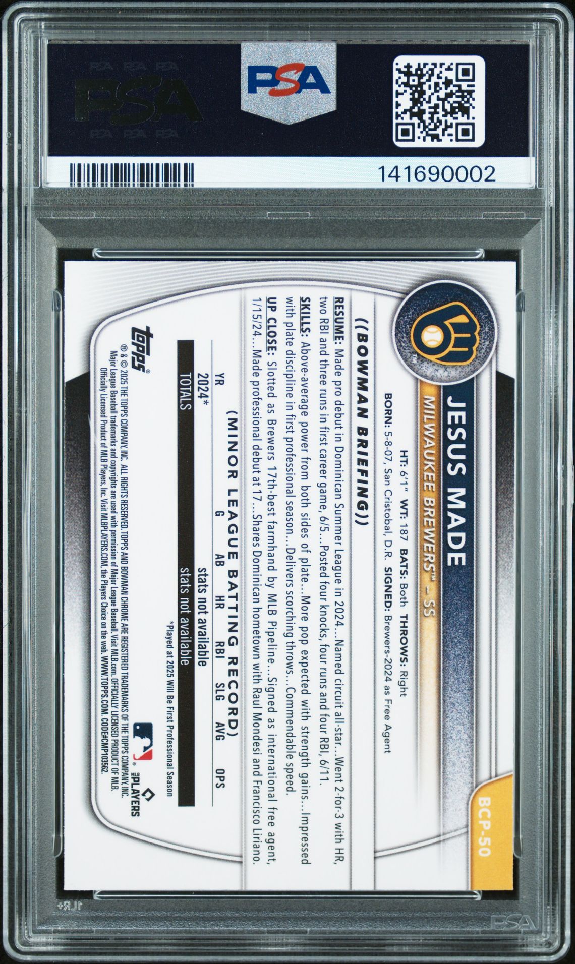 2025 Bowman Mega Box Chrome Prospects Jesus Made #50 Gem Mt 10 back