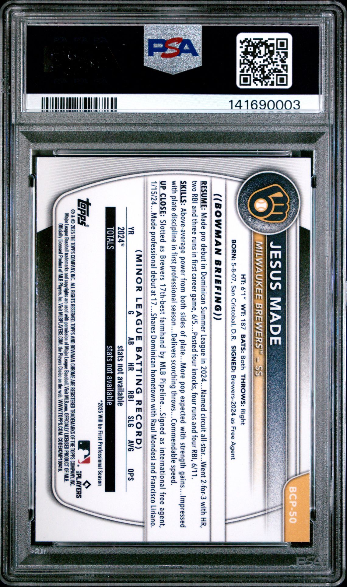 2025 Bowman Chrome Prospects Jesus Made #Bcp50 Gem Mt 10 back