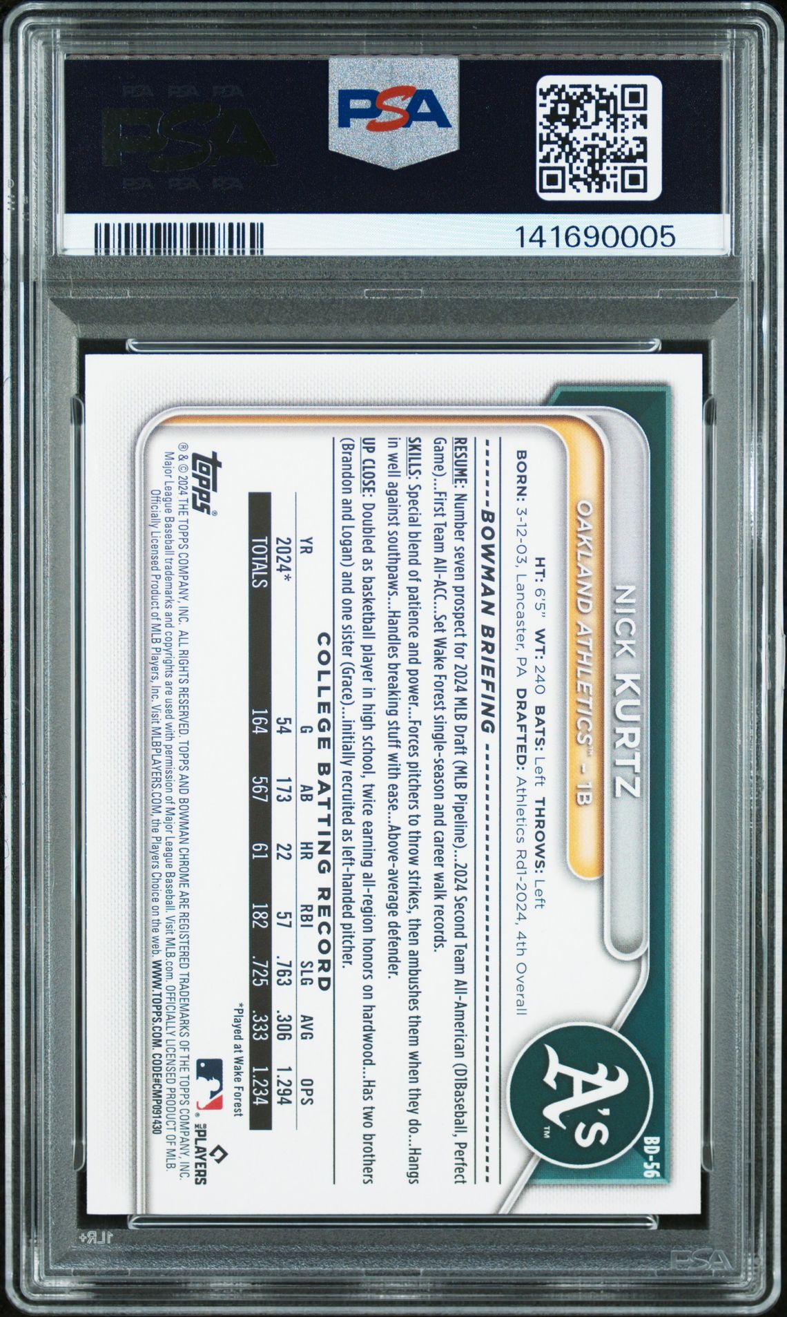 2024 Bowman Draft Nick Kurtz #Bd56 Mint 9 back