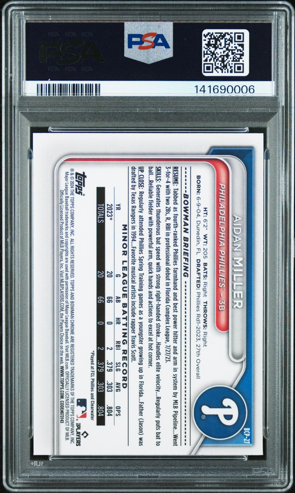 2024 Bowman Sapphire Edition Chrome Prospects Aidan Miller #Bcp27 (Chrome Prospect) Mint 9 back