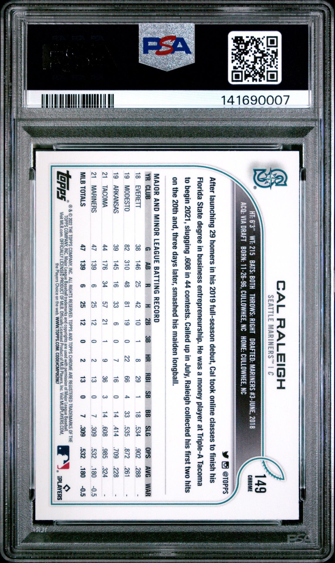 2022 Topps Chrome Cal Raleigh #149 (Pink Refractor) Gem Mt 10 back