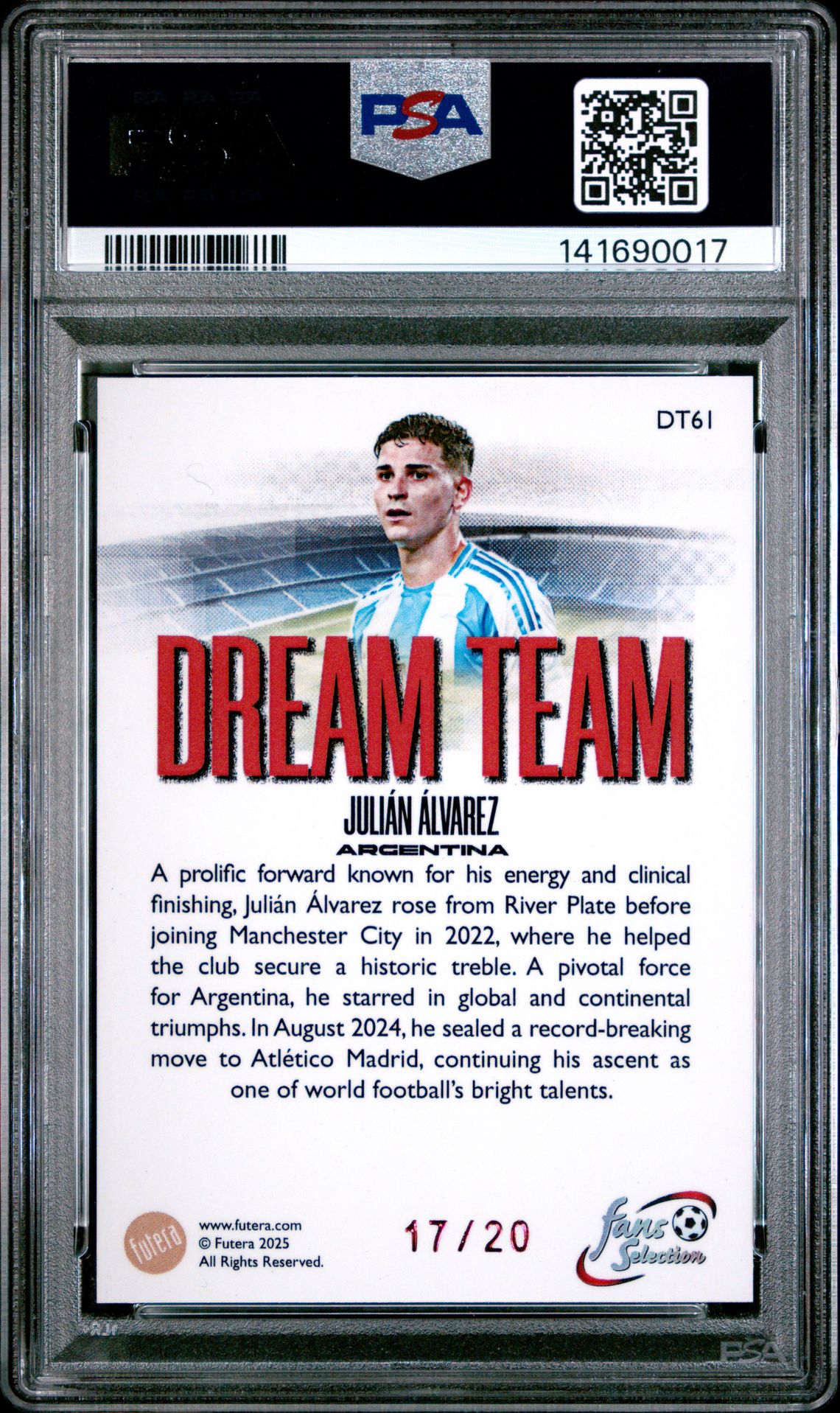 2025 Futera Fans' Selection World Football Series 1 Dream Team Julian Alvarez #Dt61 (Dream Team-Red-Shine) Gem Mt 10 back