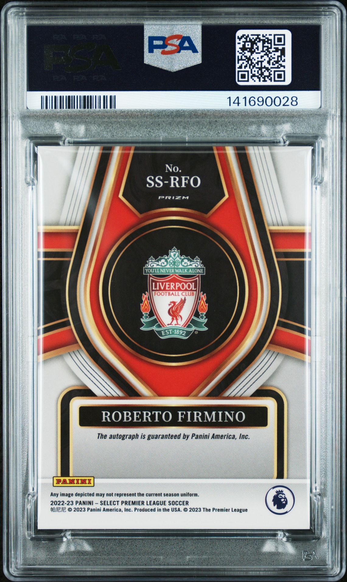 2022-23 Panini Select Premier League Select Signatures Roberto Firmino #Ssrfo (Select Signature-Peacock) Gem Mt 10 back
