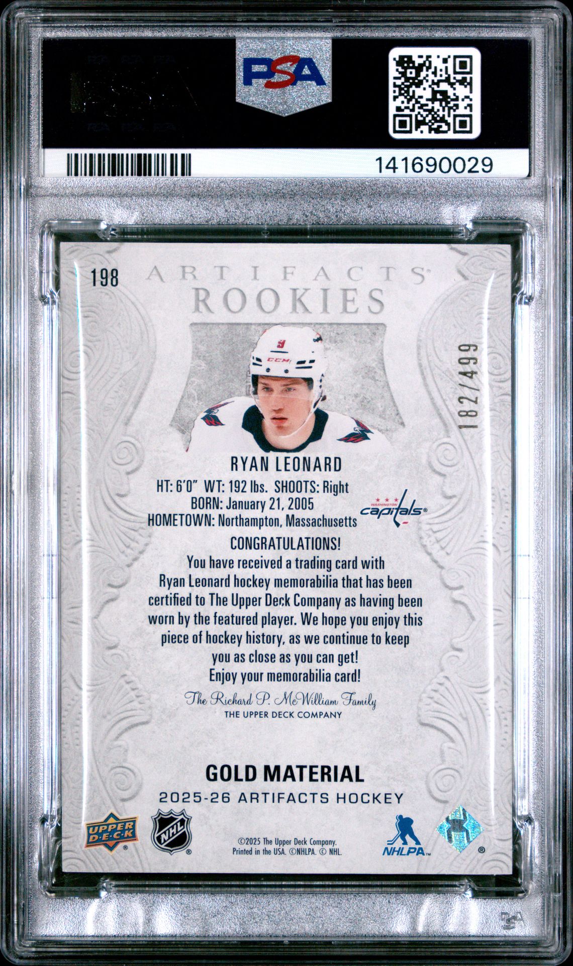 2025 Upper Deck Artifacts Ryan Leonard #198 (Material-Gold) Gem Mt 10 back