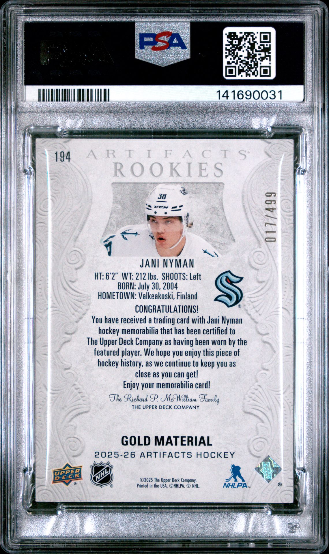 2025 Upper Deck Artifacts Jani Nyman #194 (Material-Gold) Mint 9 back
