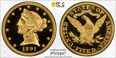 1891 $5 PR66DCAM