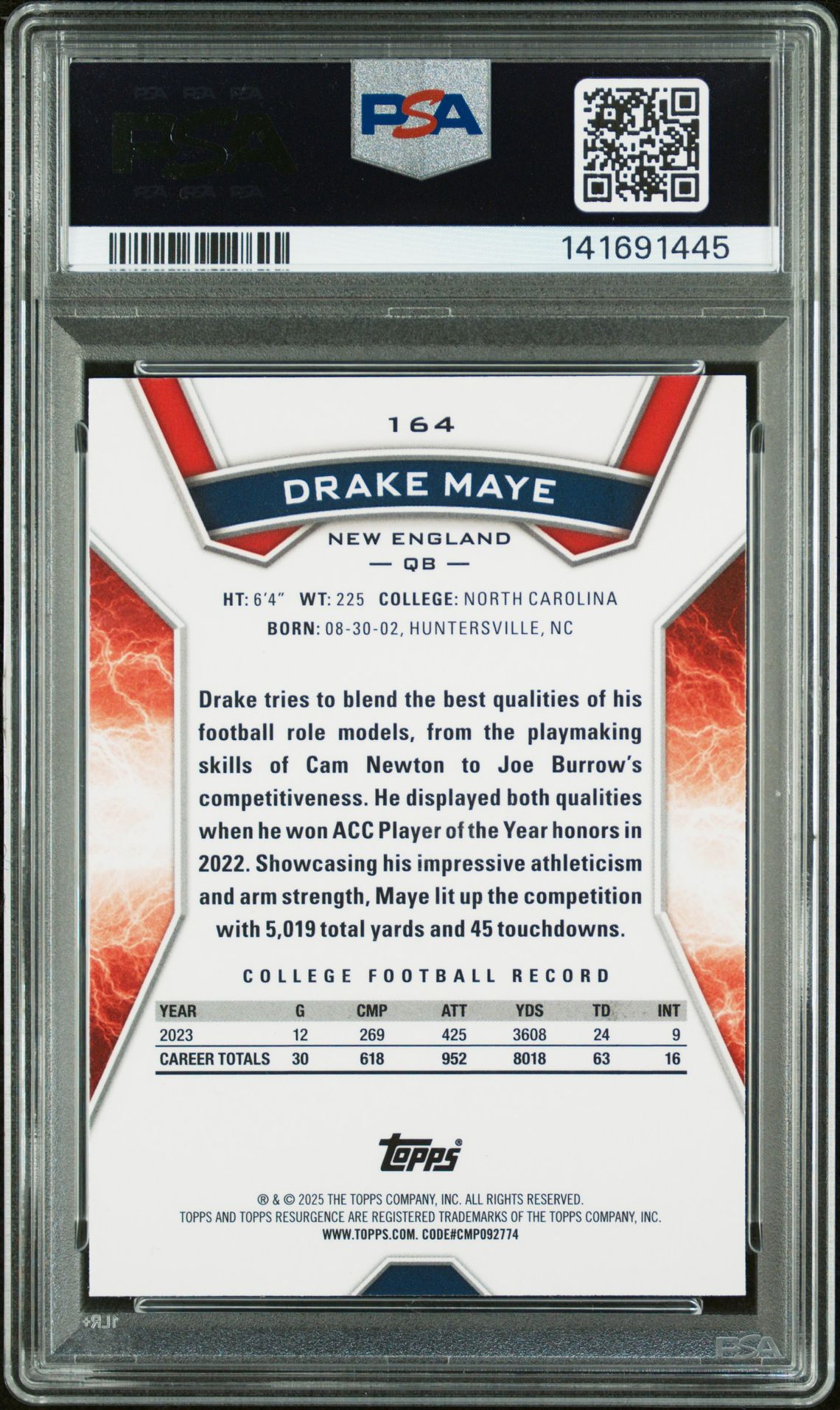 2024 Topps Resurgence Drake Maye #164 (Blue & Orange Spark) Mint 9 back