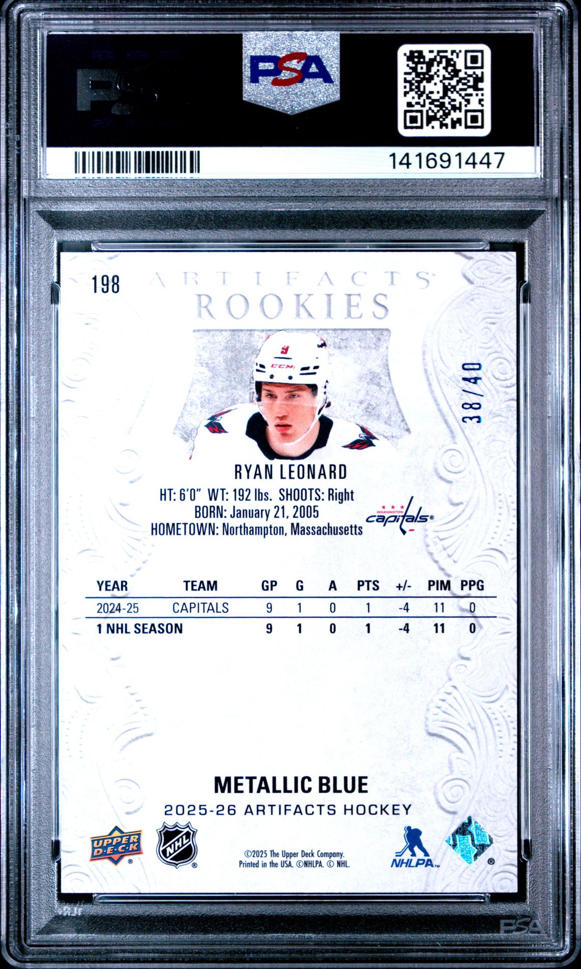 2025 Upper Deck Artifacts Ryan Leonard #198 (Metallic Blue) Gem Mt 10 back