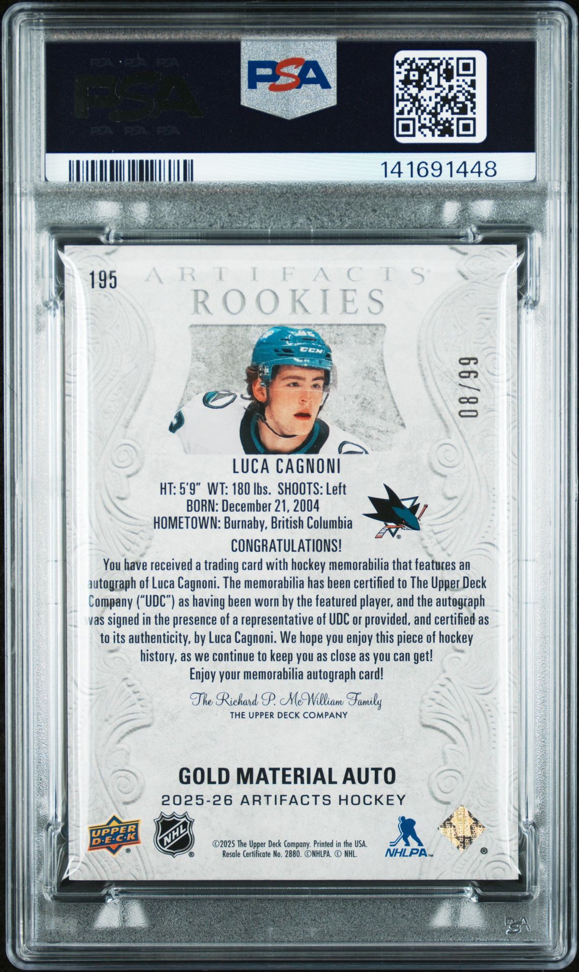 2025 Upper Deck Artifacts Luca Cagnoni #195 (Autograph Material-Gold) Mint 9 back