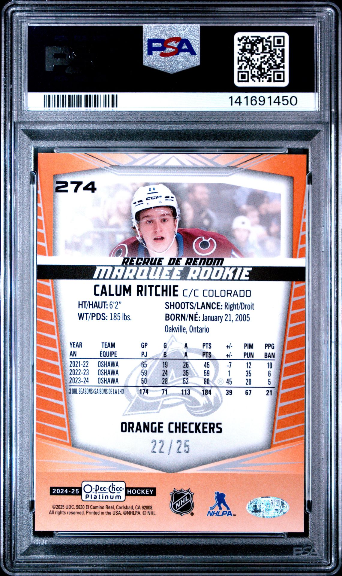 2024 Upper Deck O-Pee-Chee Platinum Calum Ritchie #274 (Orange Checkers) Gem Mt 10 back