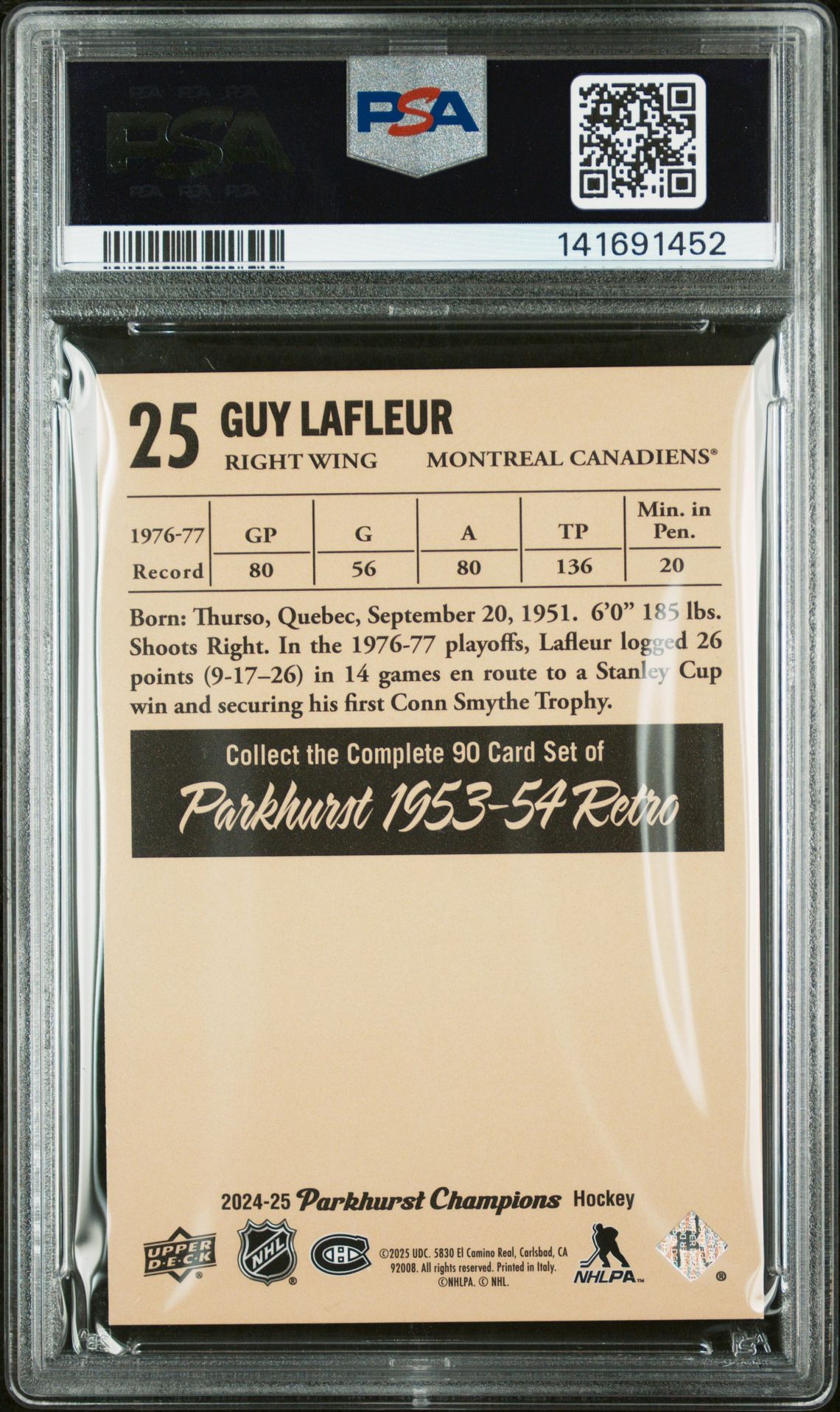 2024 Upper Deck Parkhurst Champions 1953-54 Retros Guy Lafleur #25 (1953-54 Retros-Rainbow Foil) Mint 9 back
