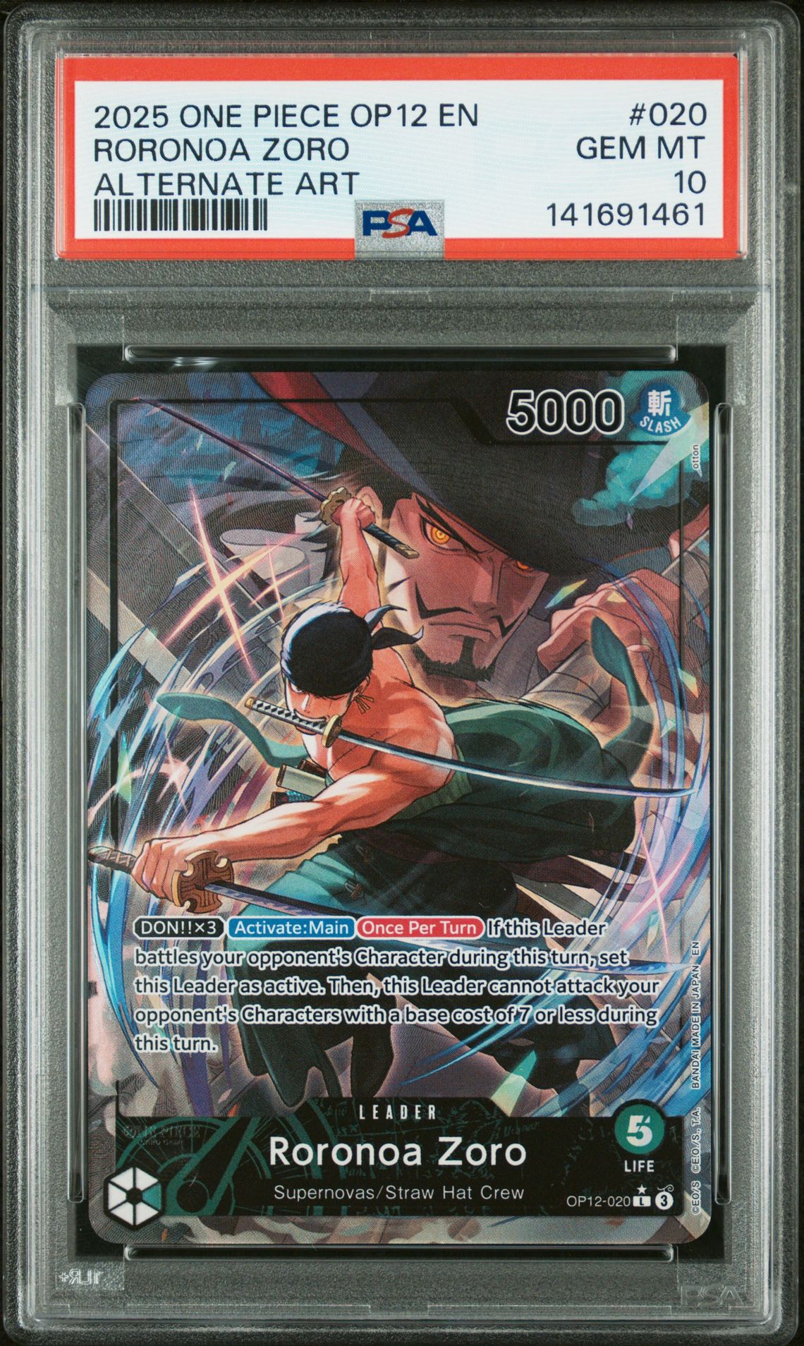 2025 One Piece Op12-Legacy Of The Master Roronoa Zoro #020 (Alternate Art) Gem Mt 10 front