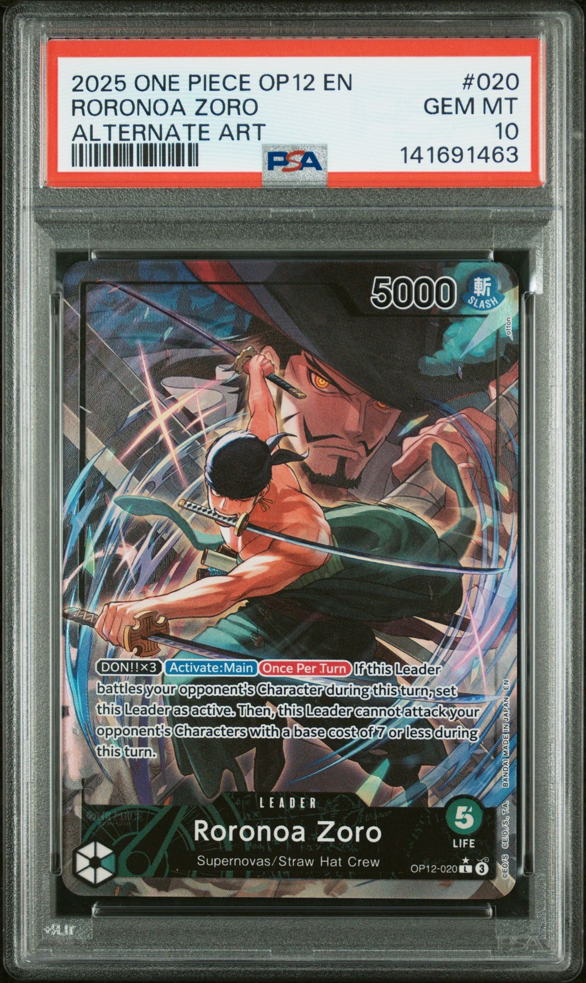 2025 One Piece Op12-Legacy Of The Master Roronoa Zoro #020 (Alternate Art) Gem Mt 10 front