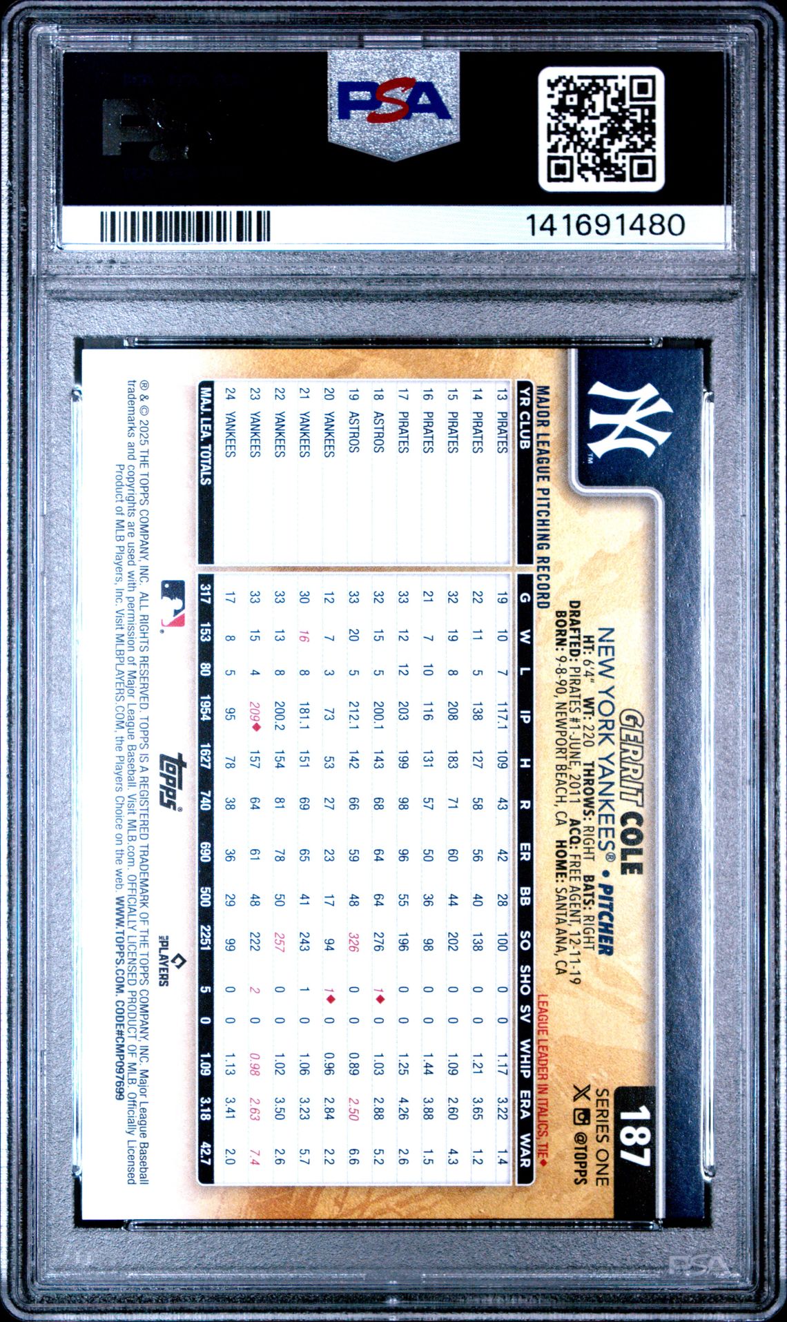 2025 Topps Gerrit Cole #187 (Golden Mirror) Gem Mt 10 back