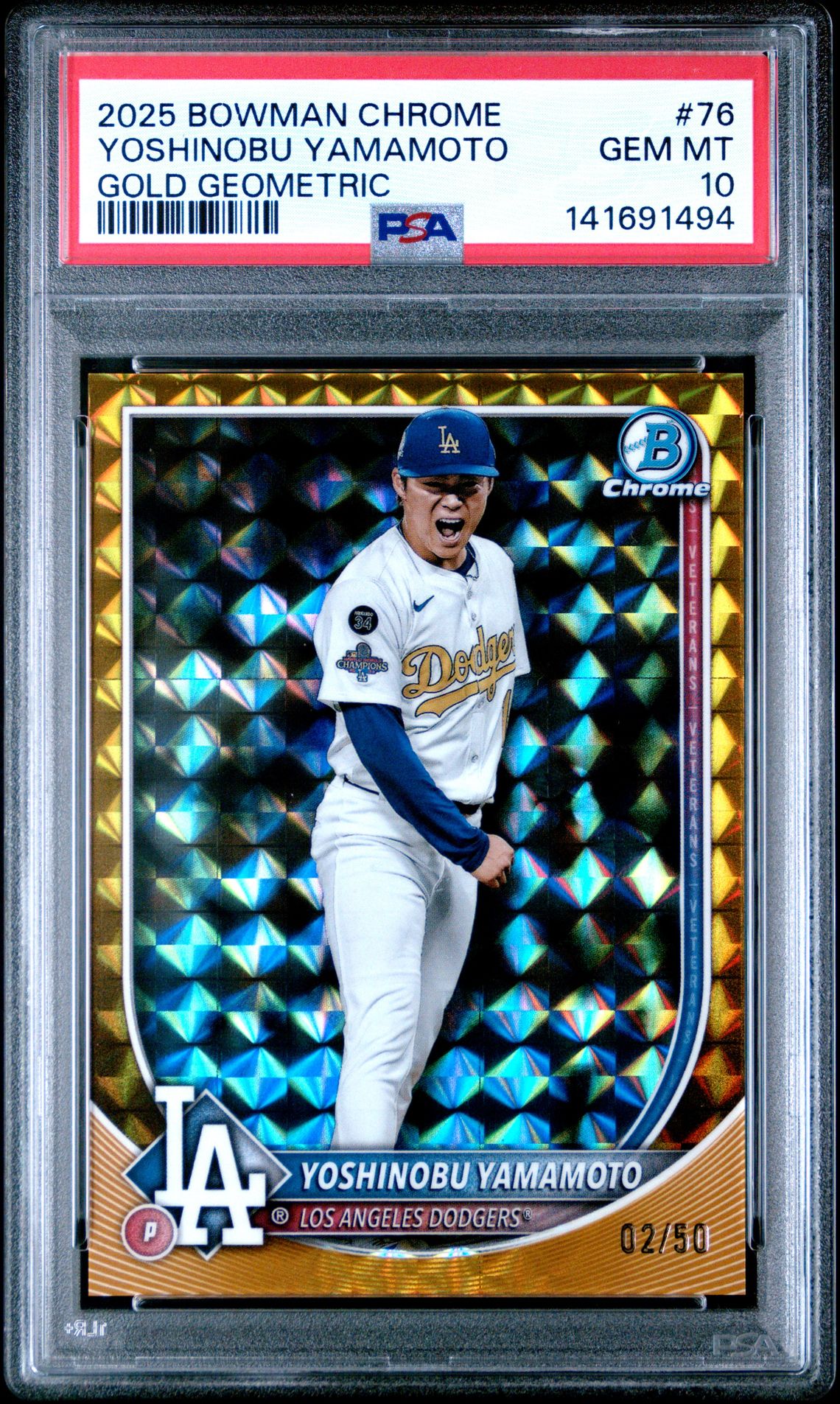 2025 Bowman Chrome Yoshinobu Yamamoto #76 (Gold Geometric) Gem Mt 10 front
