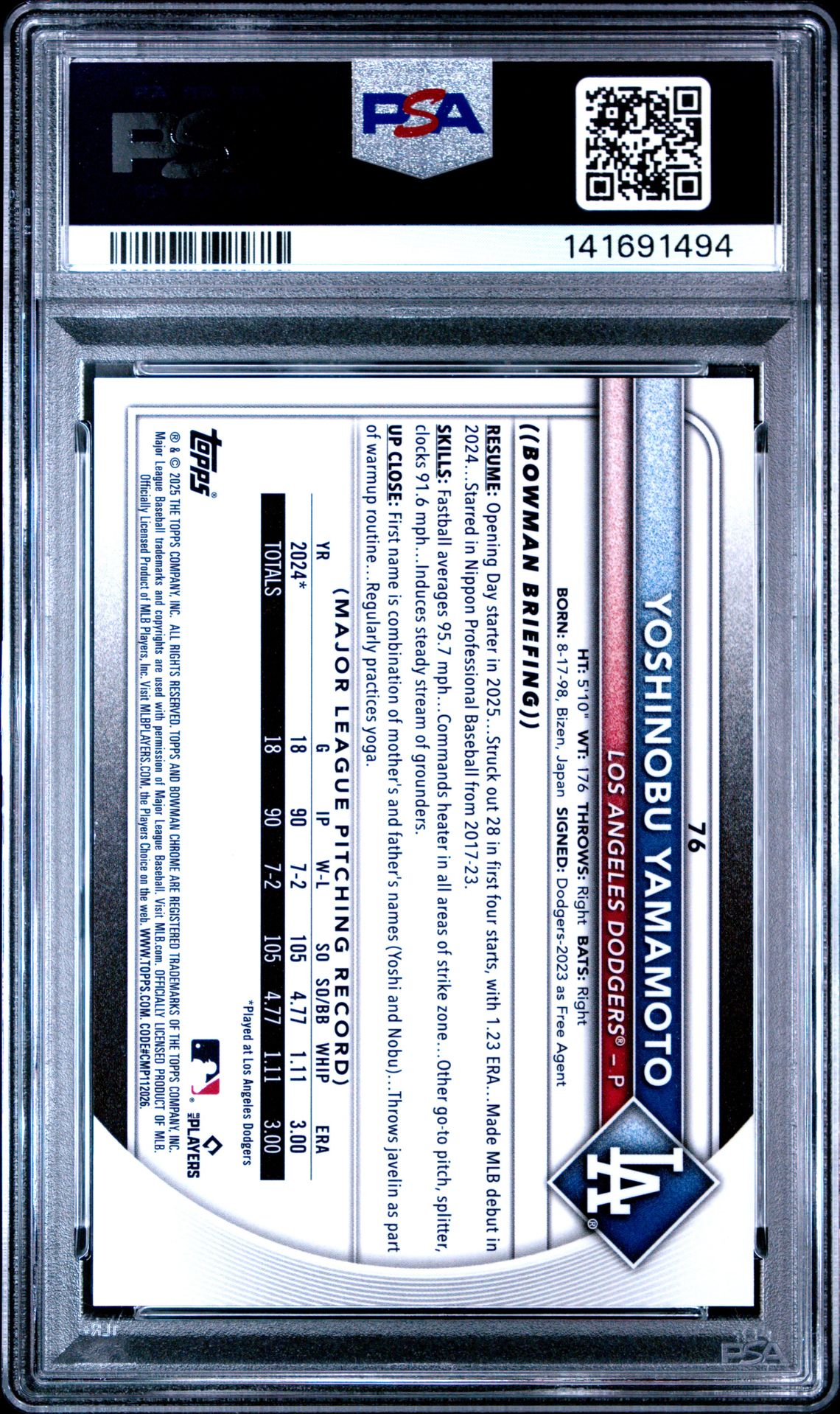 2025 Bowman Chrome Yoshinobu Yamamoto #76 (Gold Geometric) Gem Mt 10 back