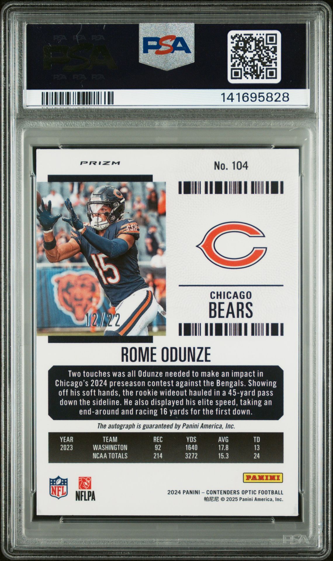2024 Panini Contenders Optic Rome Odunze #104 (Autograph-Cracked Ice) Gem Mt 10 back