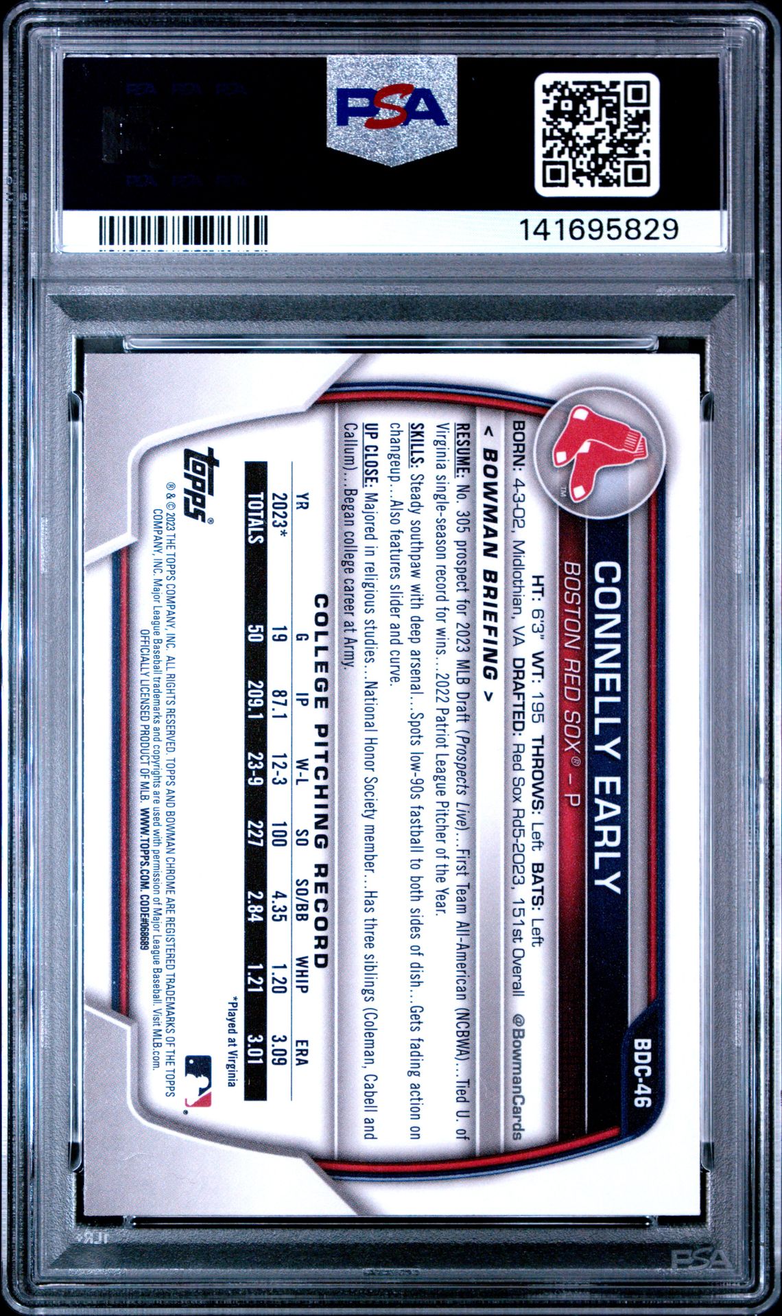 2023 Bowman Draft Connelly Early #Bdc46 (Chrome) Gem Mt 10 back