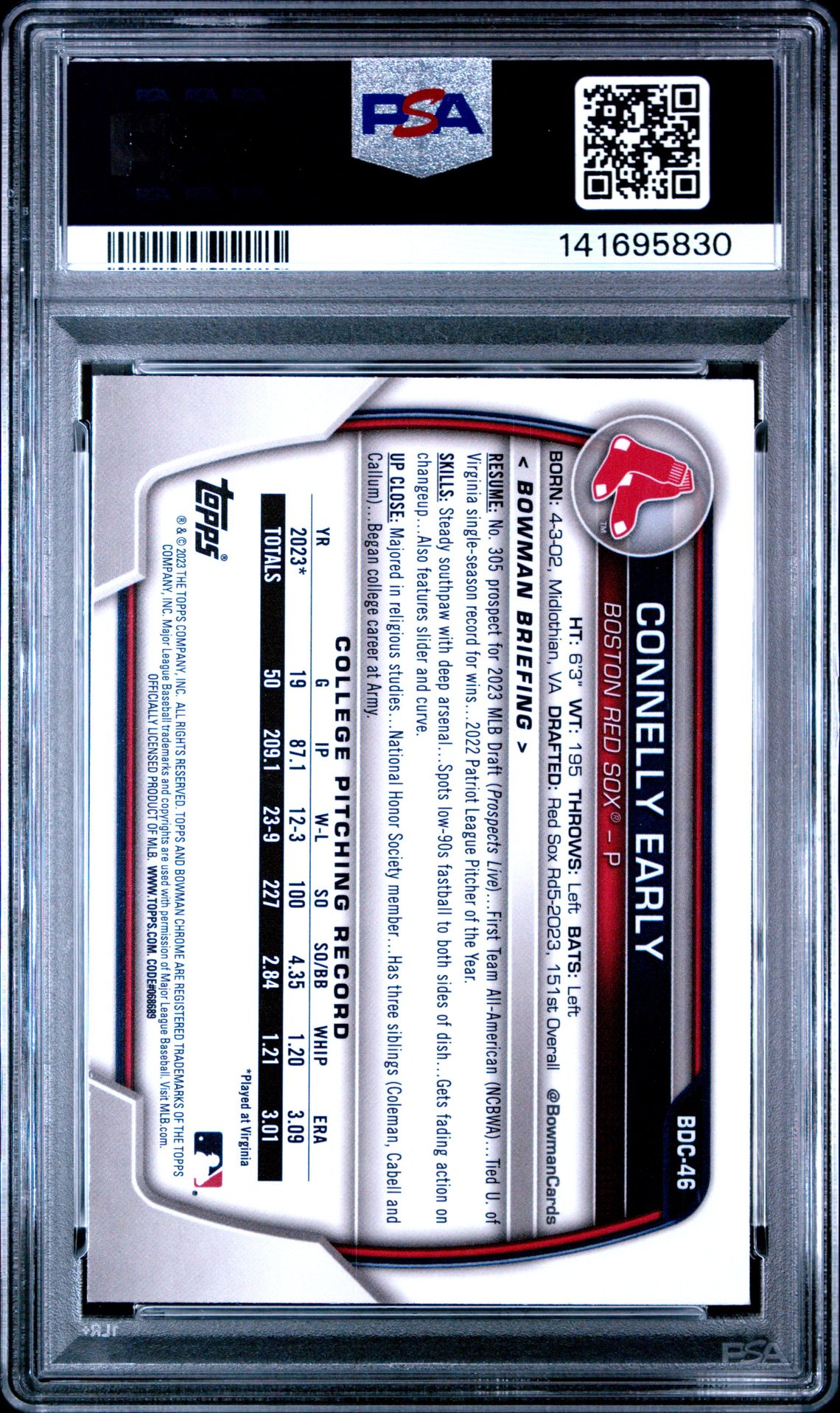 2023 Bowman Draft Connelly Early #Bdc46 (Chrome-Yellow Refractor) Gem Mt 10 back