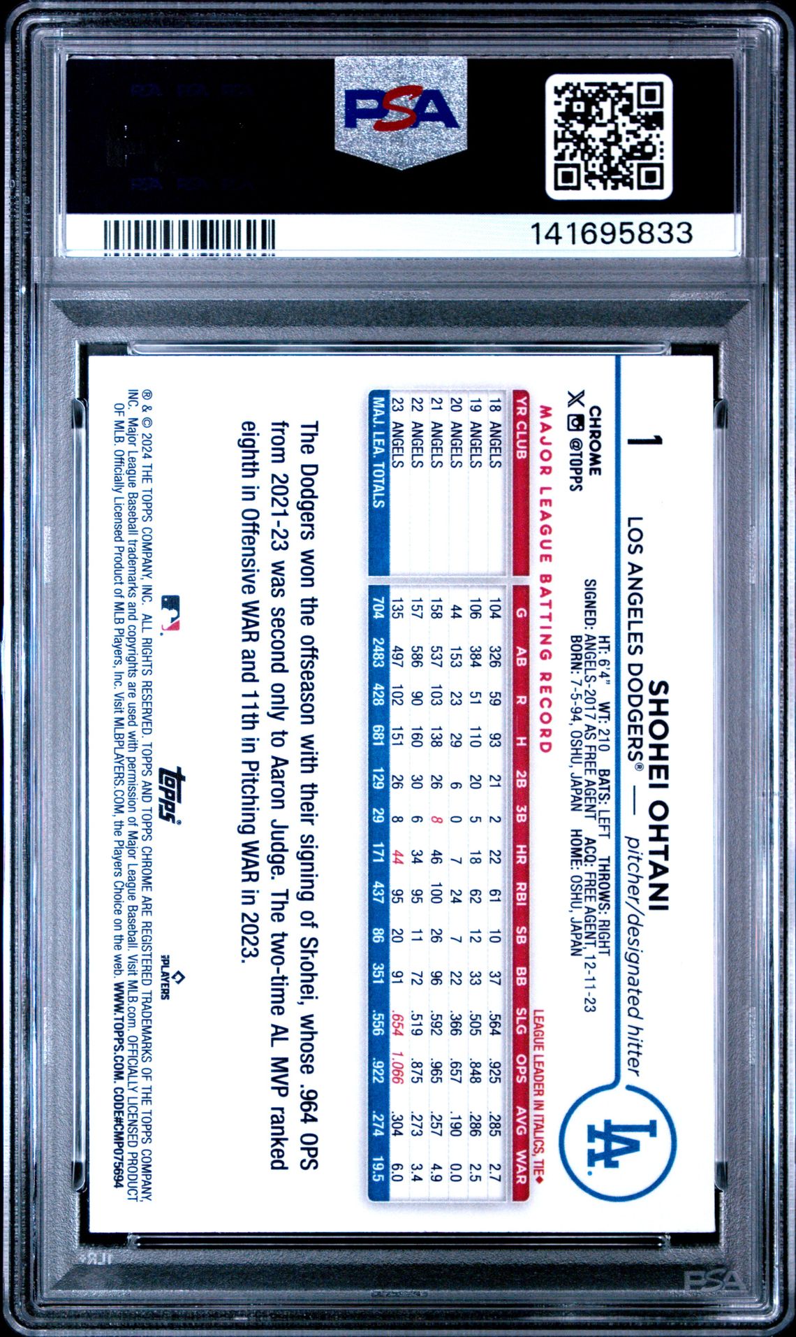 2024 Topps Chrome Shohei Ohtani #1 (Sepia Refractor) Gem Mt 10 back