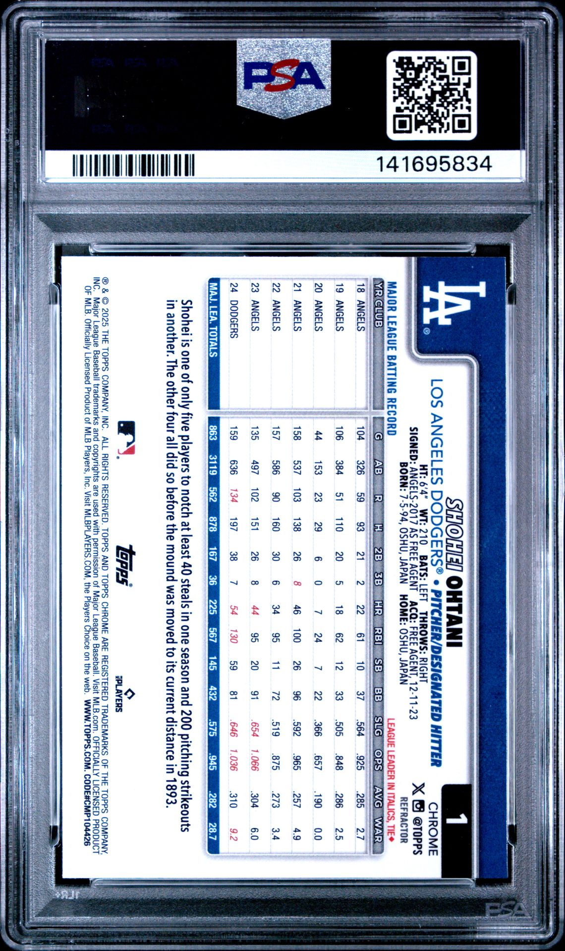 2025 Topps Chrome Shohei Ohtani #1 (Refractor) Gem Mt 10 back