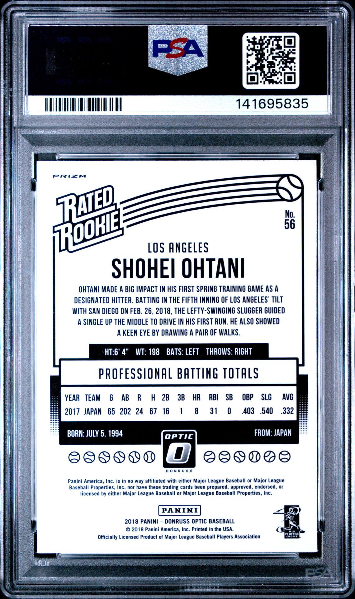 2018 Panini Donruss Optic Shohei Ohtani #56 (Holo) Gem Mt 10 back