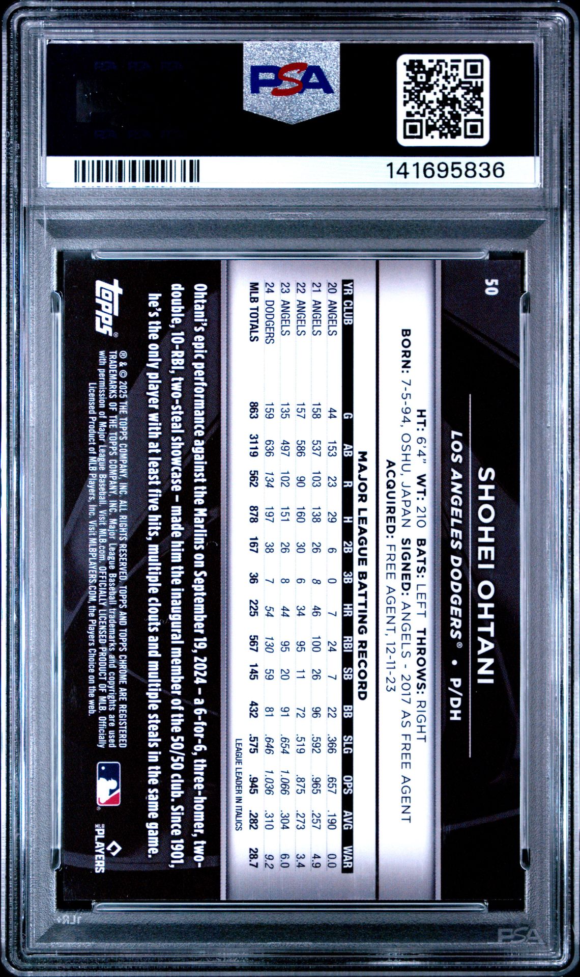 2025 Topps Chrome Black Shohei Ohtani #50 (Gold Mini Diamond) Gem Mt 10 back