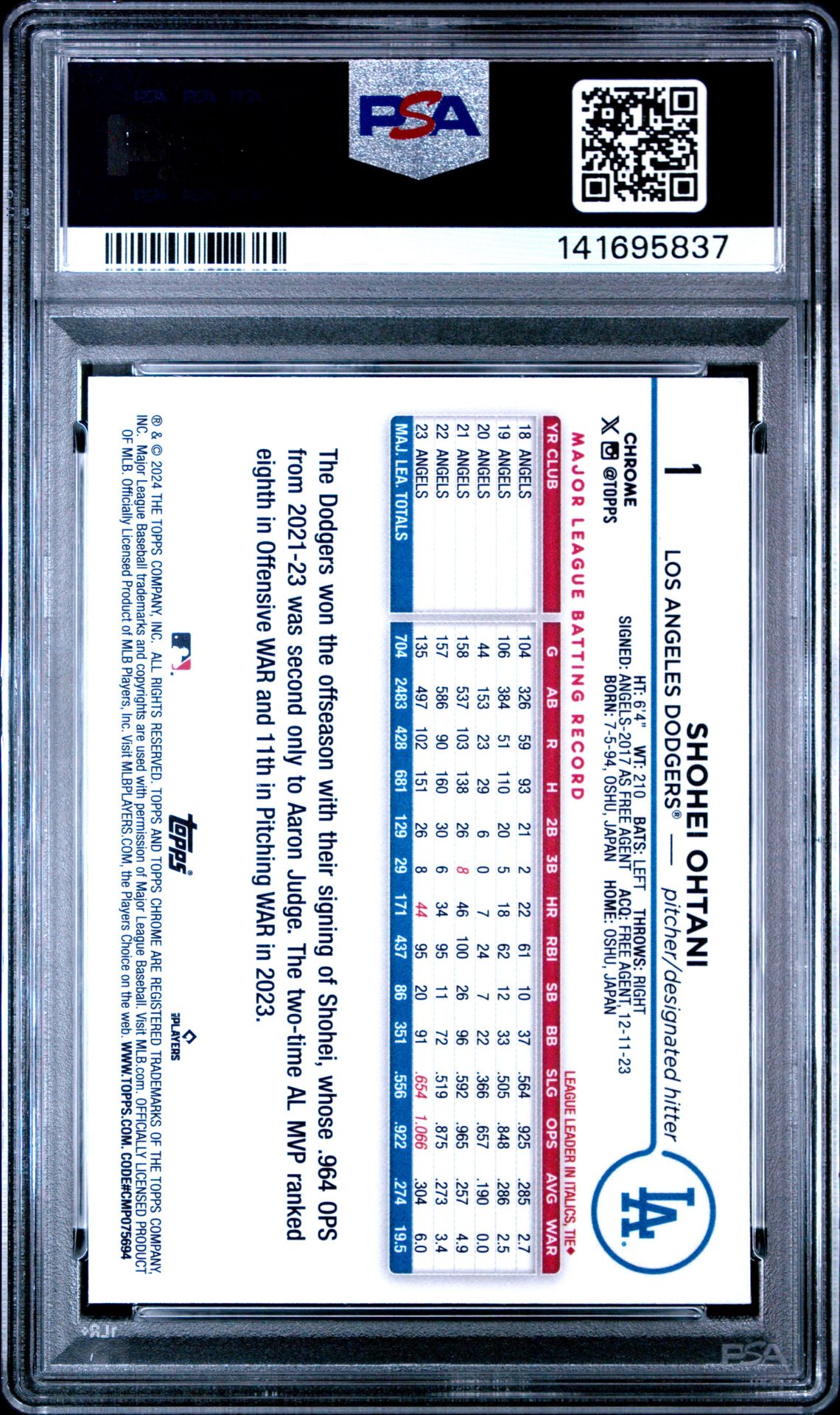 2024 Topps Chrome Shohei Ohtani #1 (Pink Refractor) Gem Mt 10 back