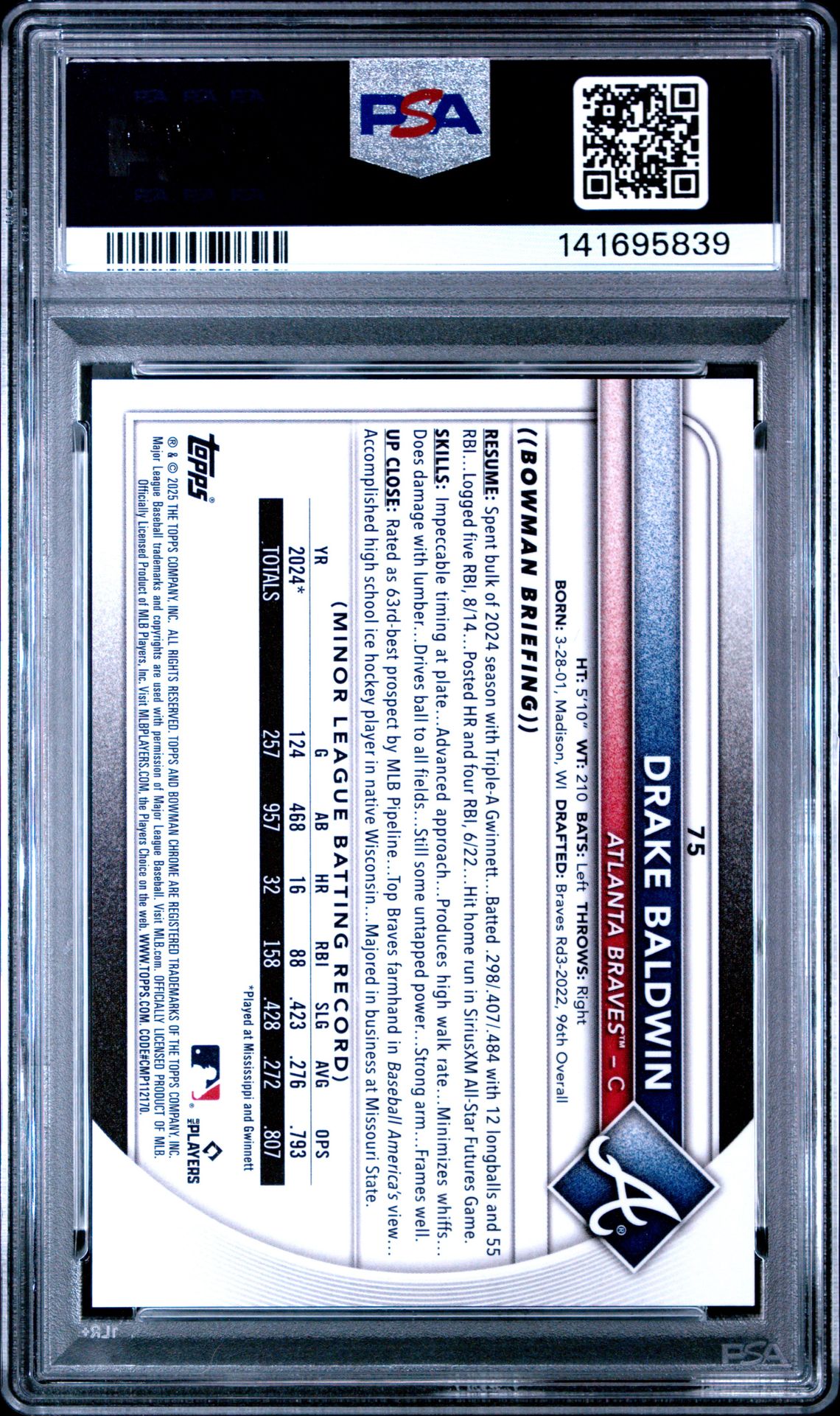 2025 Bowman Chrome Drake Baldwin #75 (Etched In Glass Variation) Mint 9 back