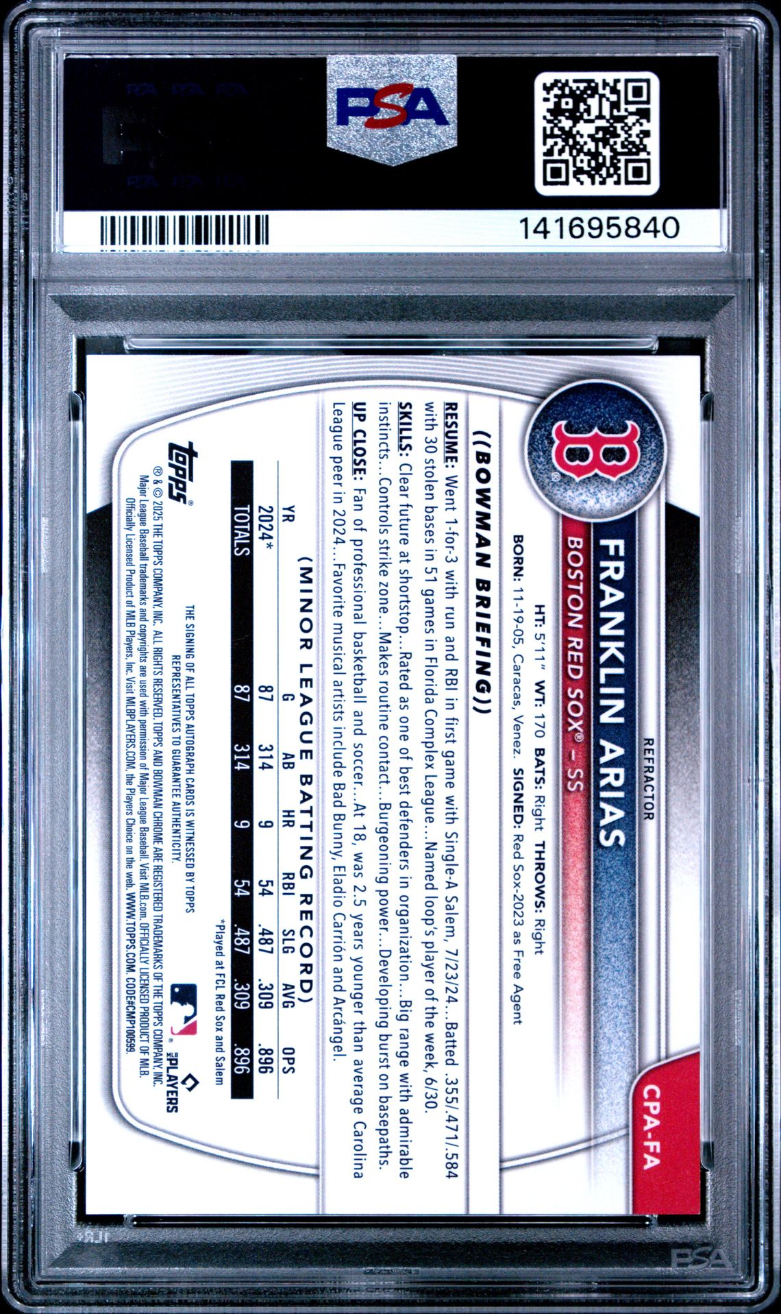 2025 Bowman Chrome Prospect Autographs Franklin Arias #Cpafa (Chrome Prospect Auto-Ref) Gem Mt 10 back