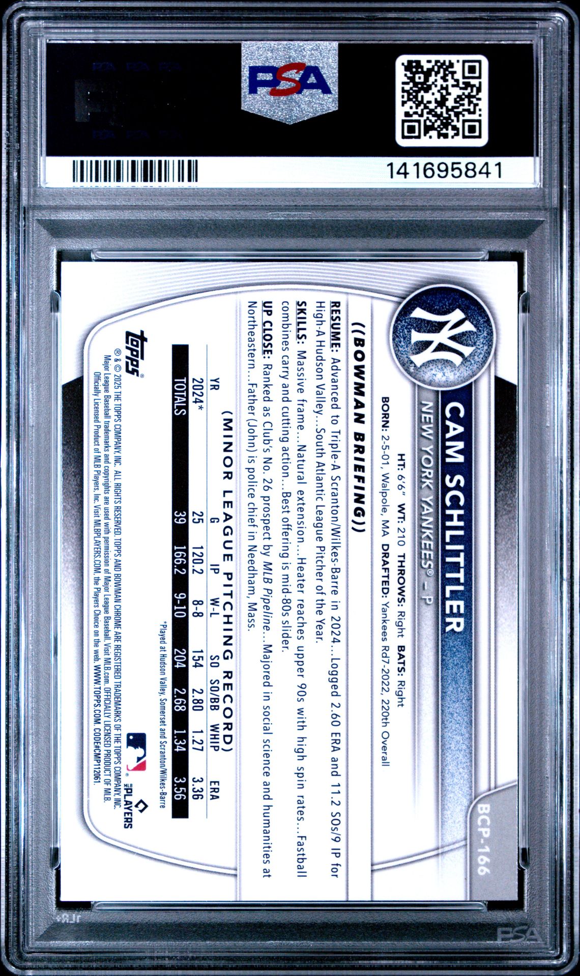2025 Bowman Chrome Prospects Cam Schlittler #Bcp166 (Prospects-Purple Geometric) Gem Mt 10 back